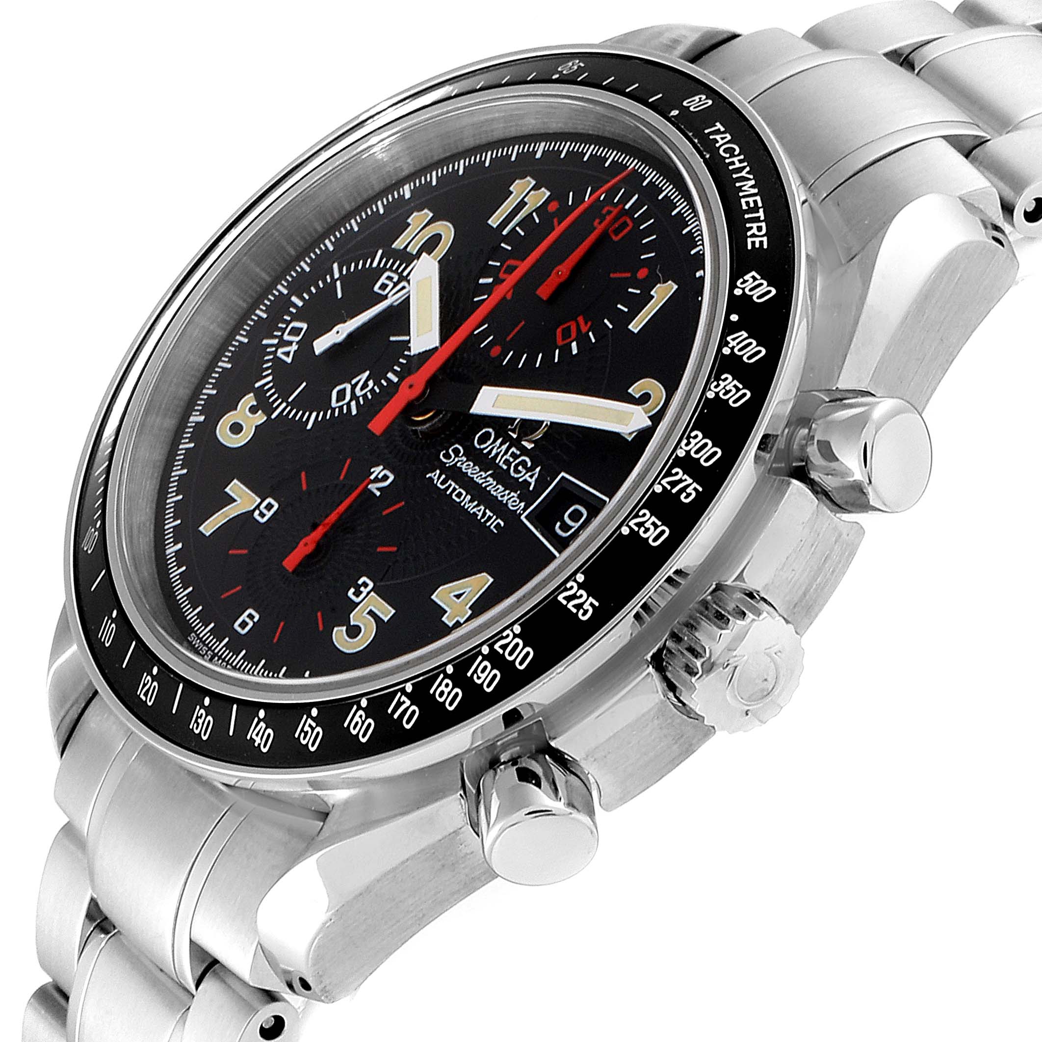 This image shows a side angle of the Omega Speedmaster 3513.53.00 Men
s Stainless Steel Black Dial 3513.53.00 Men
s Stainless Steel Black Dial, highlighting the face, bezel, crown, and chronograph pushers.