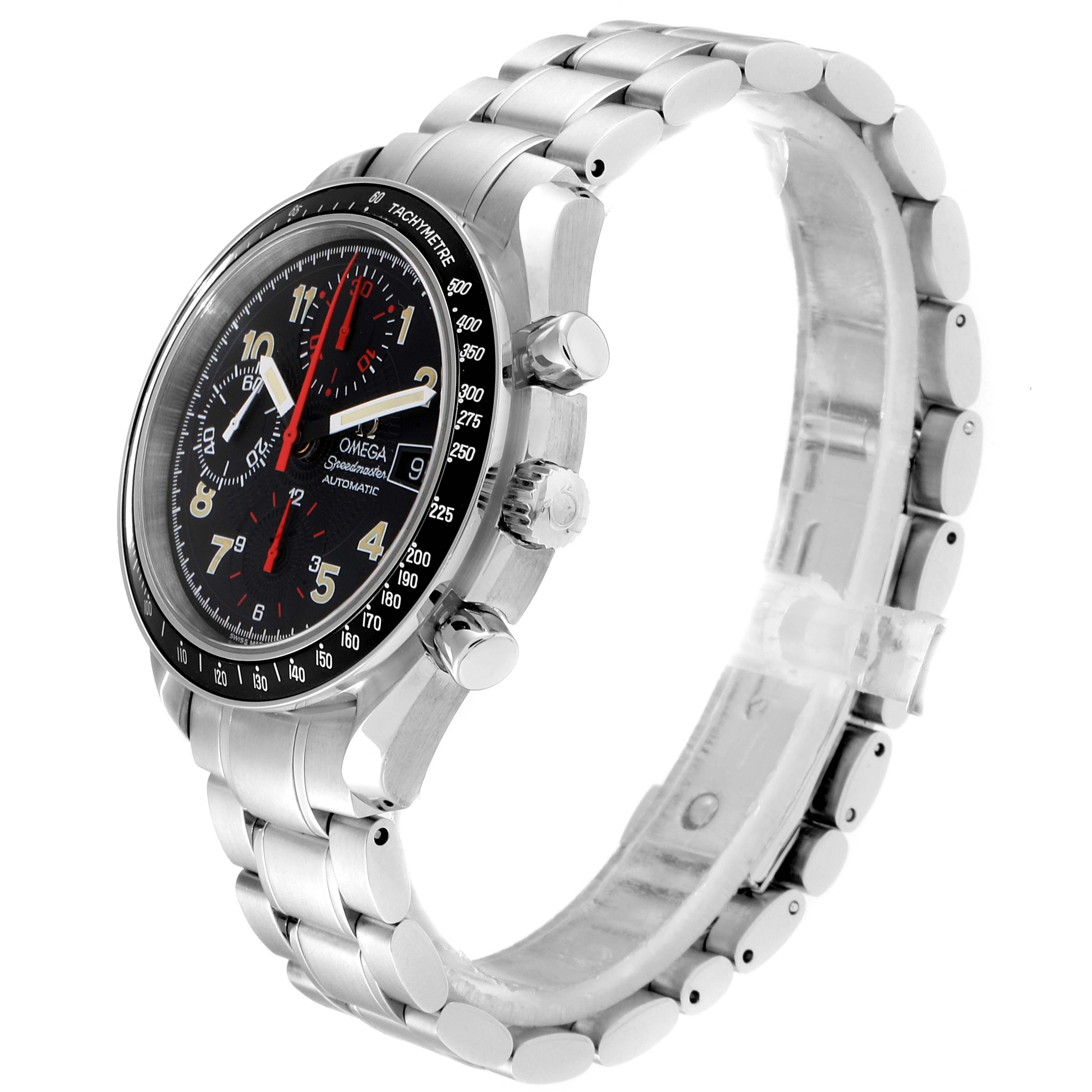 The image shows a side angle of an Omega Speedmaster 3513.53.00 Men
s Stainless Steel Black Dial 3513.53.00 Men
s Stainless Steel Black Dial watch, highlighting the bracelet, case, and chronograph pushers.