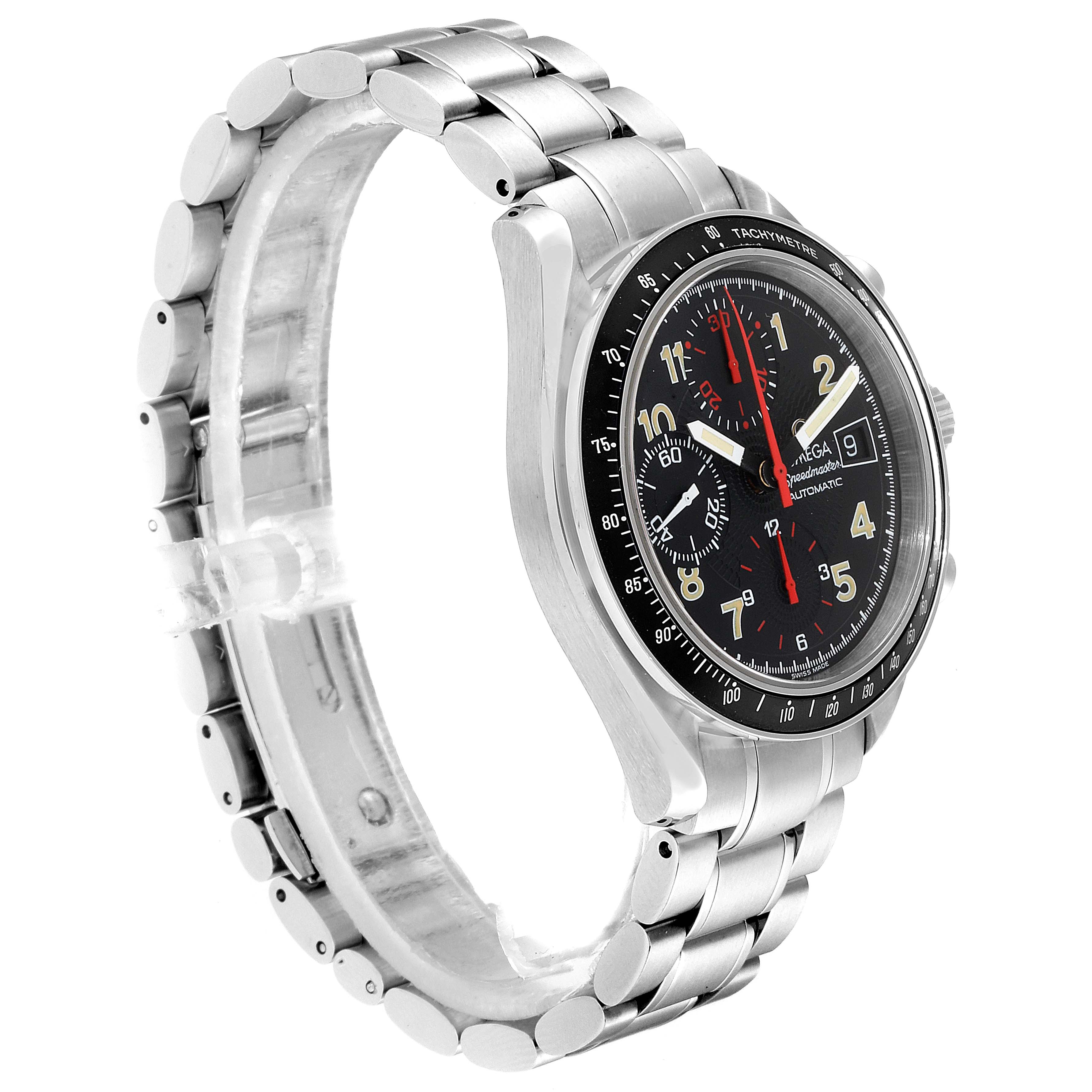 The image shows an Omega Speedmaster 3513.53.00 Men
s Stainless Steel Black Dial 3513.53.00 Men
s Stainless Steel Black Dial watch at a slight angle, highlighting the stainless steel bracelet, black dial, and tachymeter bezel.