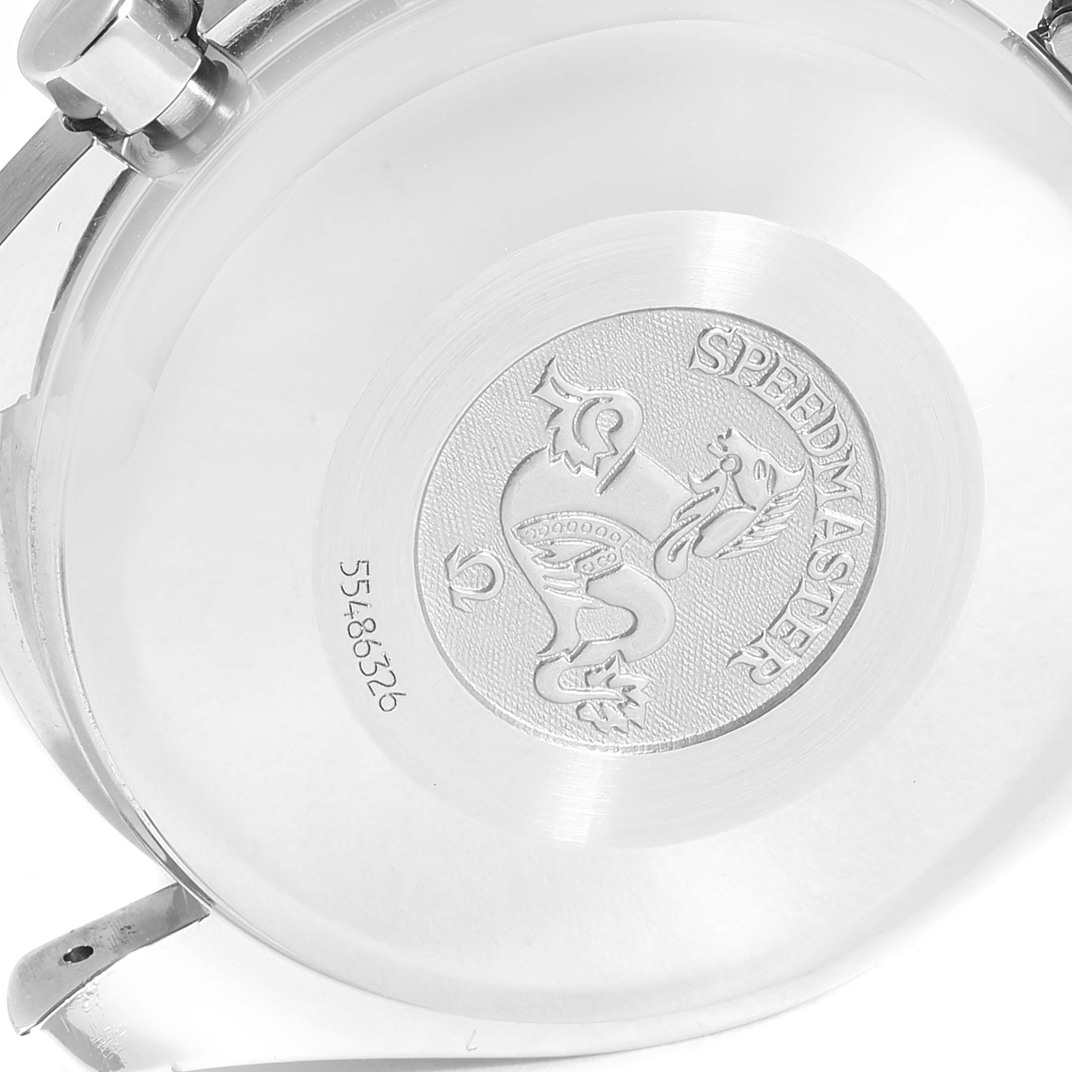 This image shows the engraved case back of an Omega Speedmaster 3513.53.00 Men
s Stainless Steel Black Dial 3513.53.00 Men
s Stainless Steel Black Dial watch from a slightly angled top-down view.