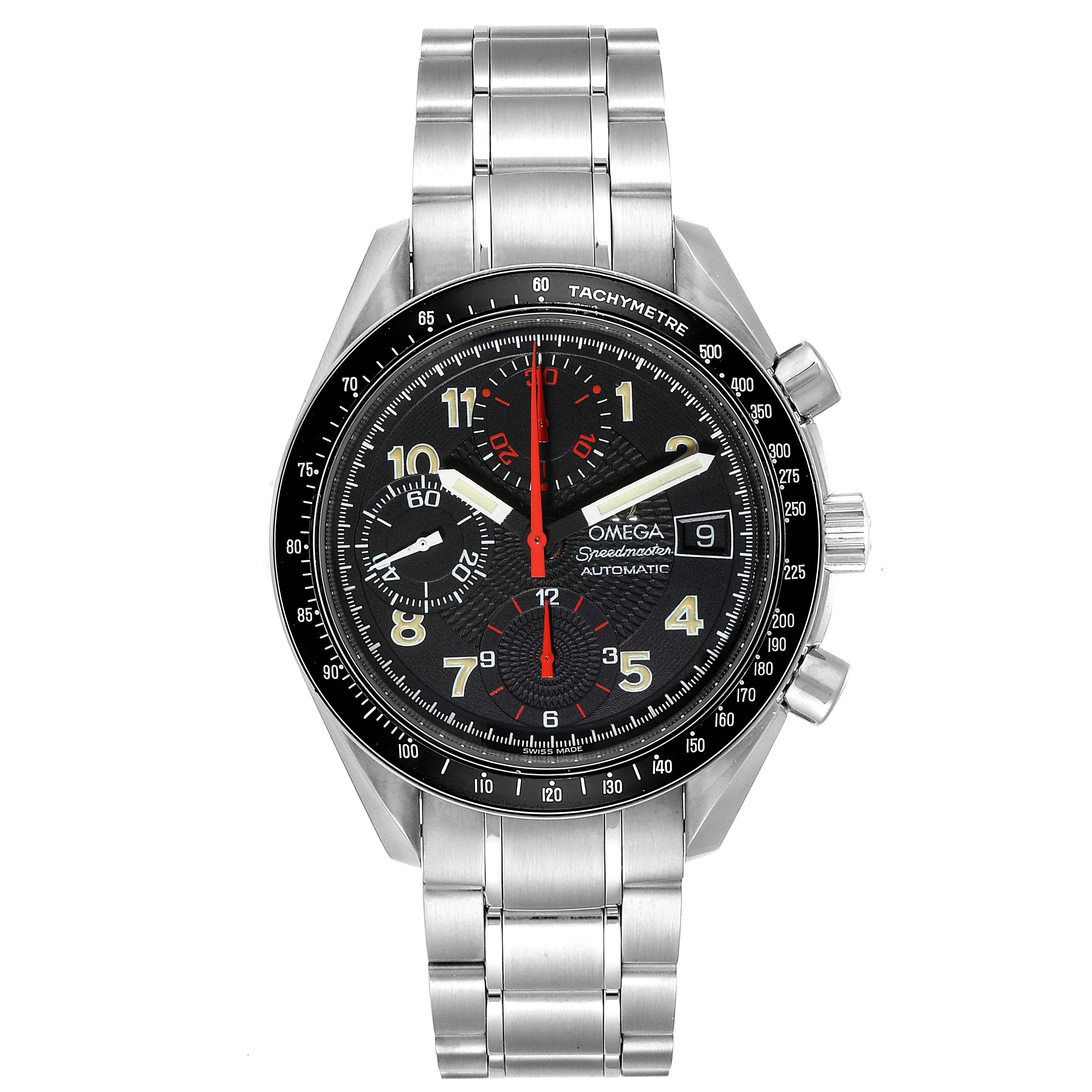 The image shows a front view of the Omega Speedmaster 3513.53.00 Men
s Stainless Steel Black Dial 3513.53.00 Men
s Stainless Steel Black Dial watch, highlighting its dial, bezel, and metal bracelet.