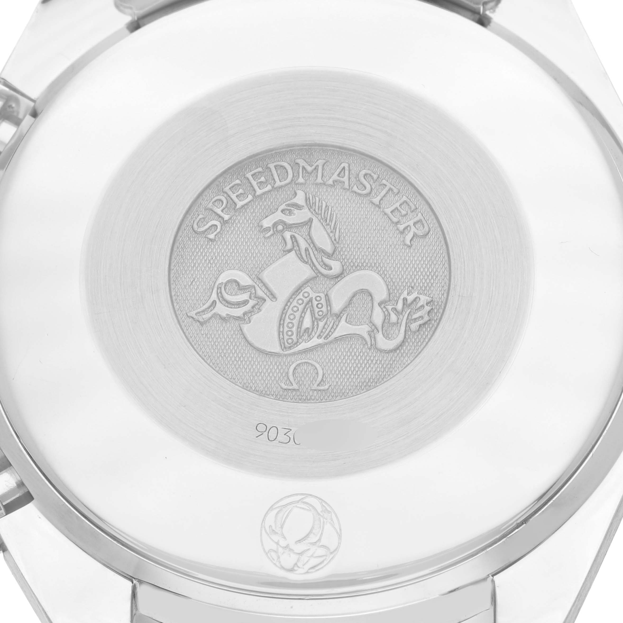 The image shows the back case of the Omega Speedmaster 3534.71.00 Men's Stainless Steel Mother of Pearl Dial 3534.71.00 Men's Stainless Steel Mother of Pearl Dial watch featuring the brand's logo and engraving.