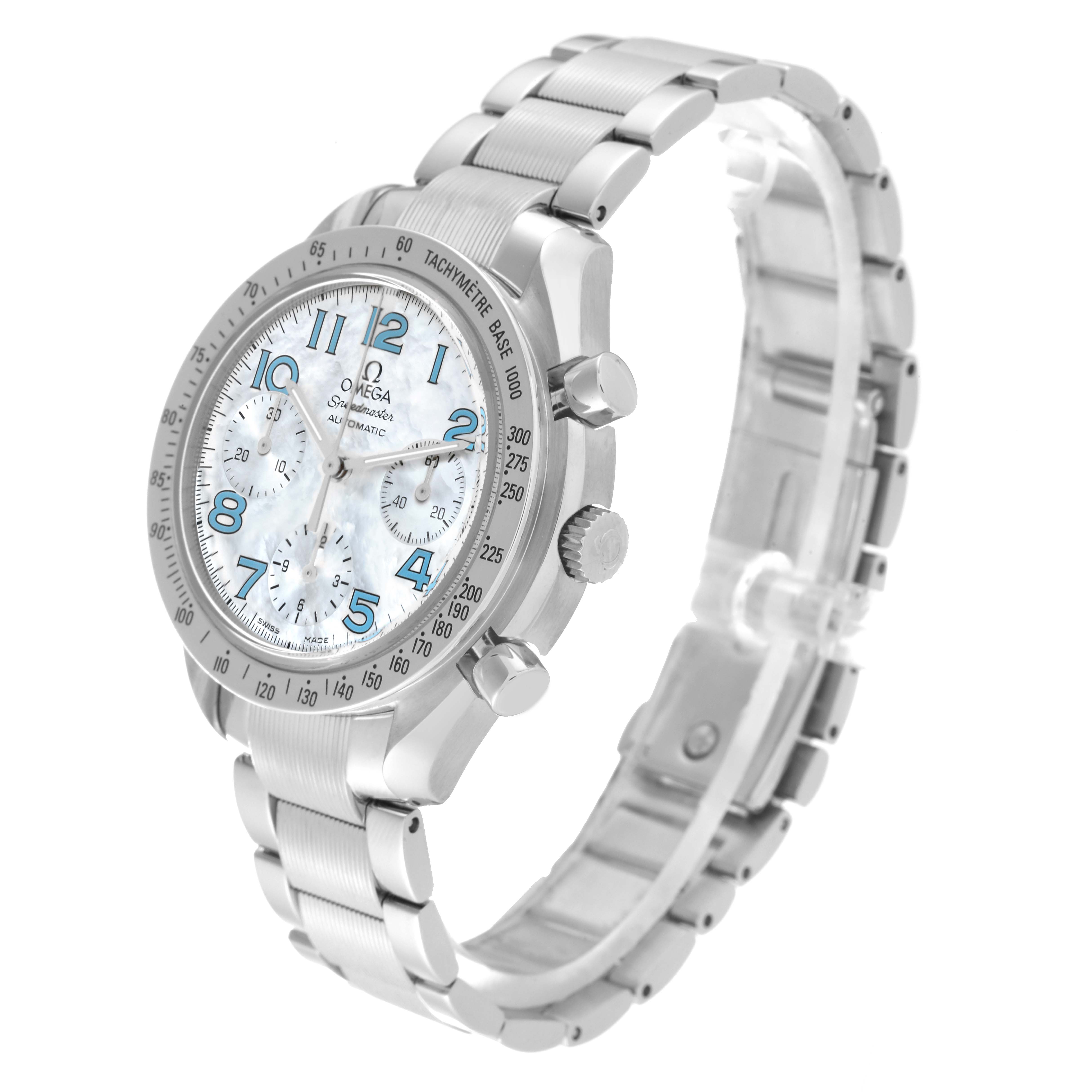 The Omega Speedmaster 3534.71.00 Men's Stainless Steel Mother of Pearl Dial 3534.71.00 Men's Stainless Steel Mother of Pearl Dial watch is shown at a three-quarter angle, displaying the face, bezel, crown, pushers, and bracelet.