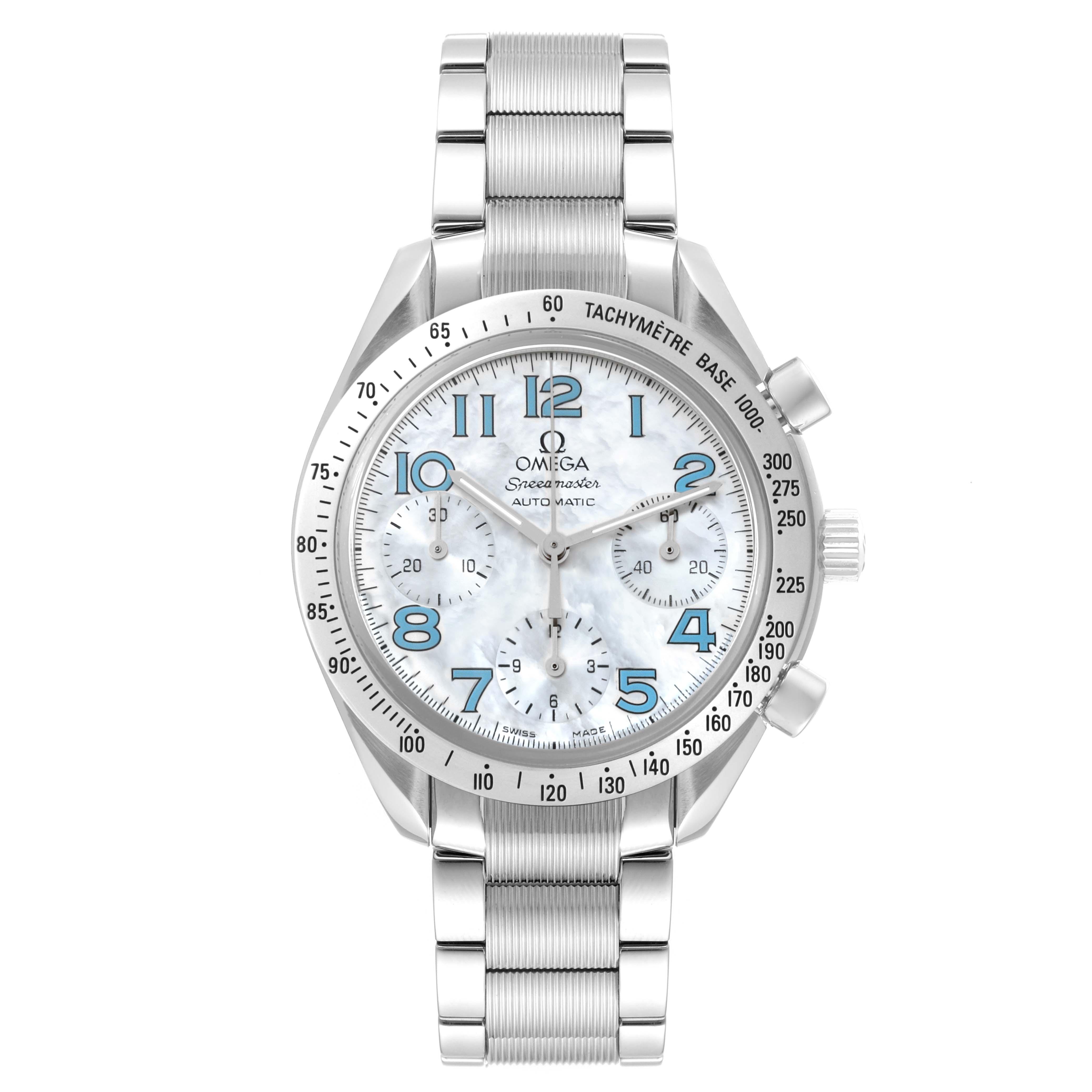 The image shows a front view of an Omega Speedmaster 3534.71.00 Men's Stainless Steel Mother of Pearl Dial 3534.71.00 Men's Stainless Steel Mother of Pearl Dial watch, featuring the face, bezel, and metal bracelet.