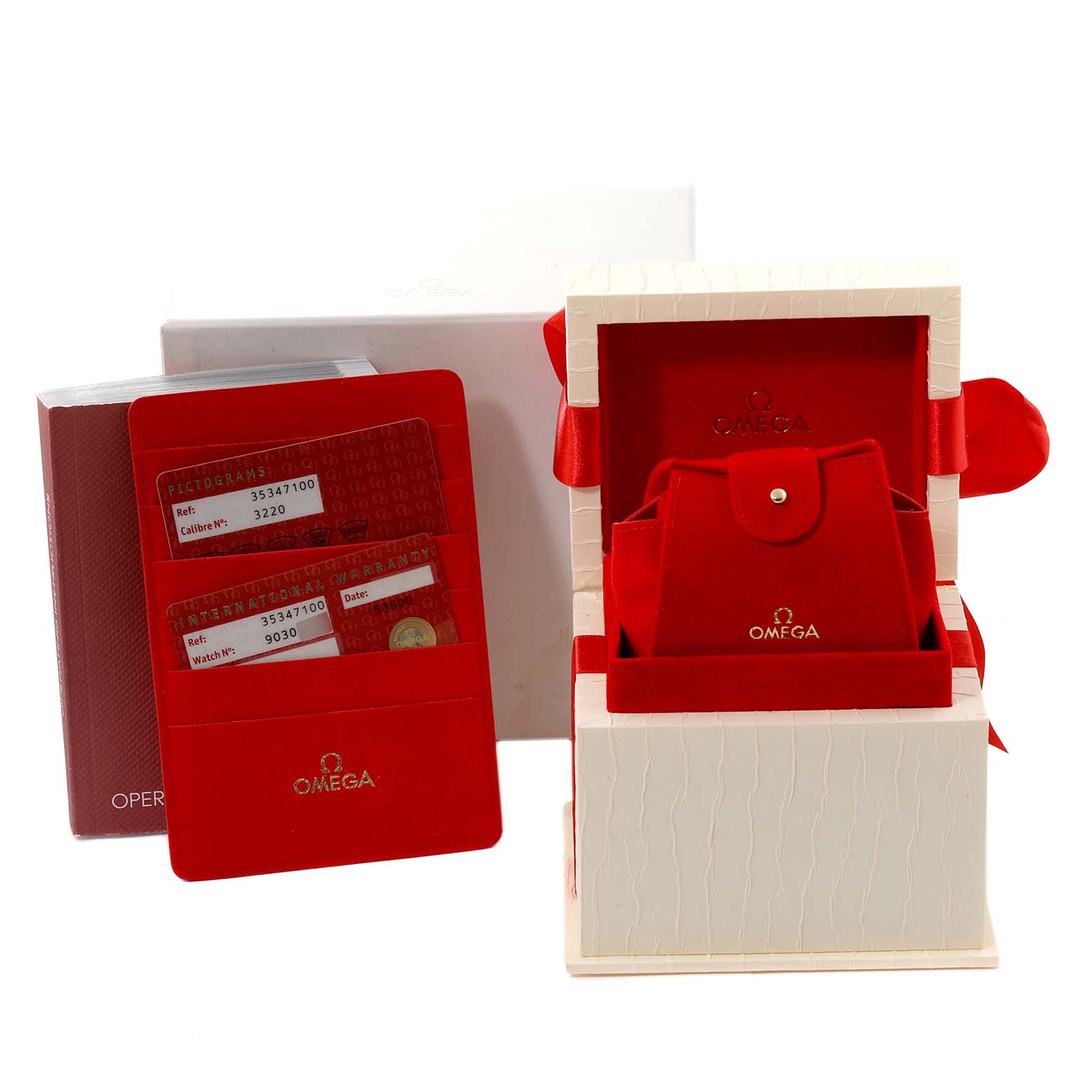 The image shows the Omega Speedmaster 3534.71.00 Men's Stainless Steel Mother of Pearl Dial 3534.71.00 Men's Stainless Steel Mother of Pearl Dial model's open packaging, warranty cards, and a red velvet pouch inside a white and red box.