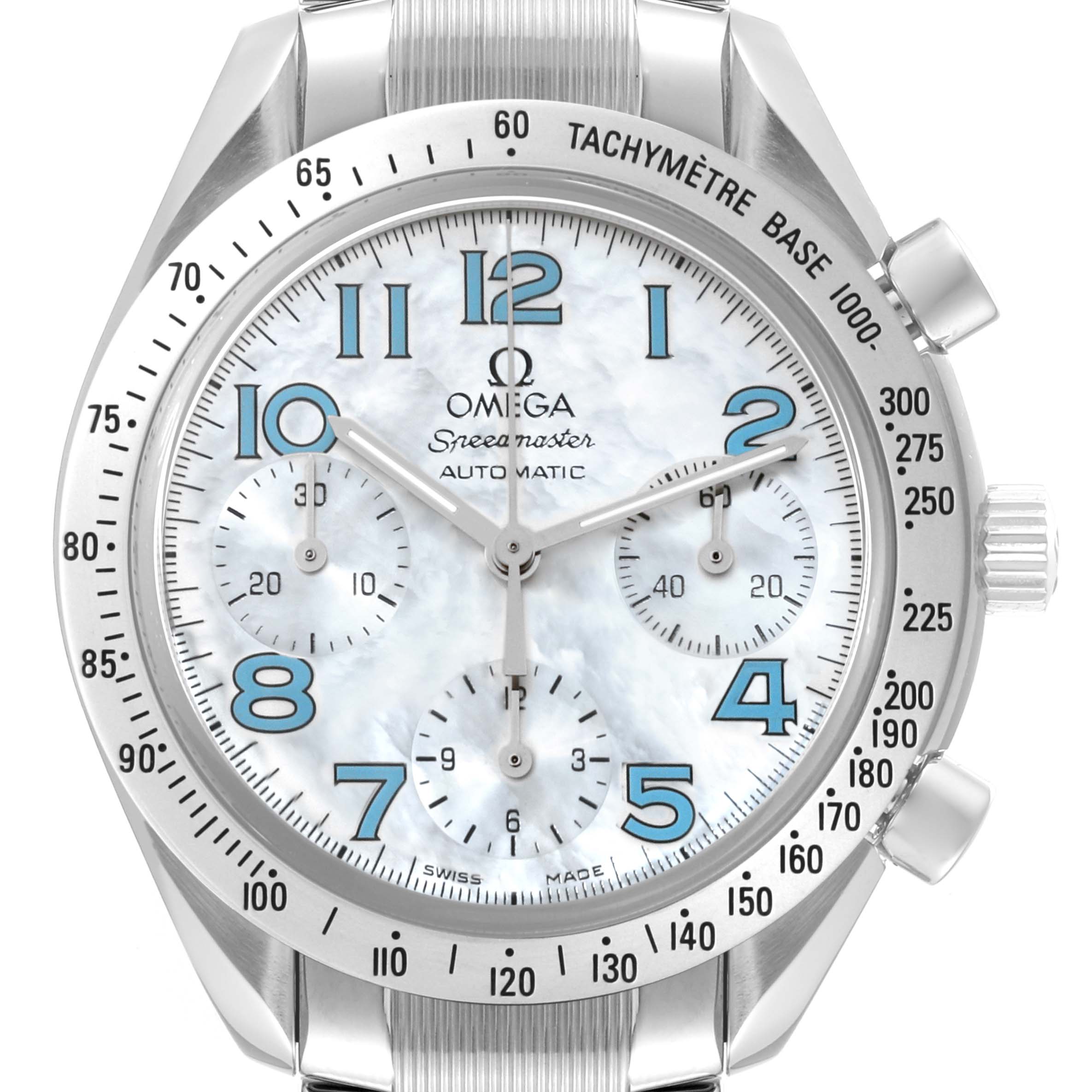 The image shows a front view of an Omega Speedmaster 3534.71.00 Men's Stainless Steel Mother of Pearl Dial 3534.71.00 Men's Stainless Steel Mother of Pearl Dial watch, highlighting the face, bezel, and crown.