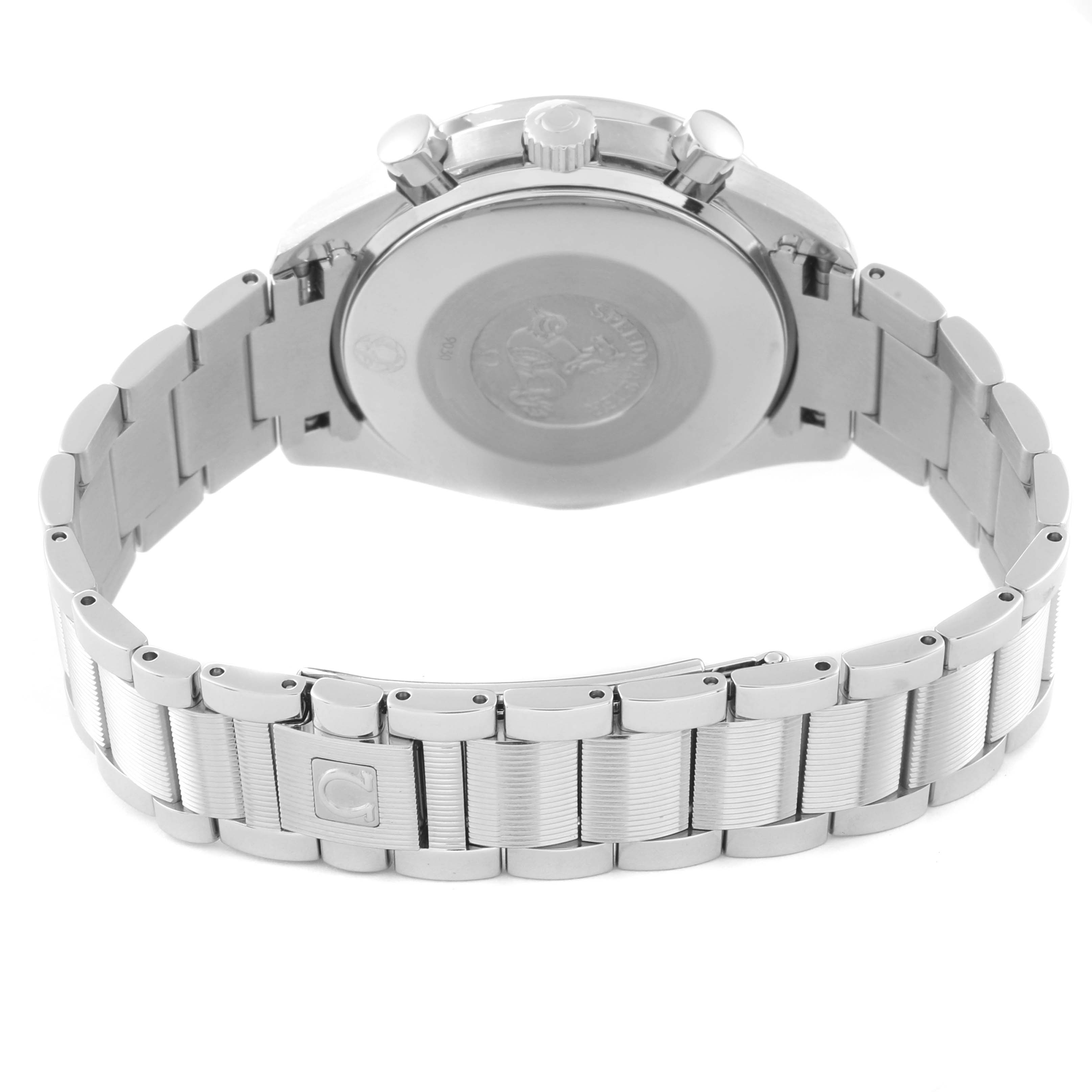 This image shows the back view of an Omega Speedmaster 3534.71.00 Men's Stainless Steel Mother of Pearl Dial 3534.71.00 Men's Stainless Steel Mother of Pearl Dial watch, highlighting its case back, crown, and stainless steel bracelet.