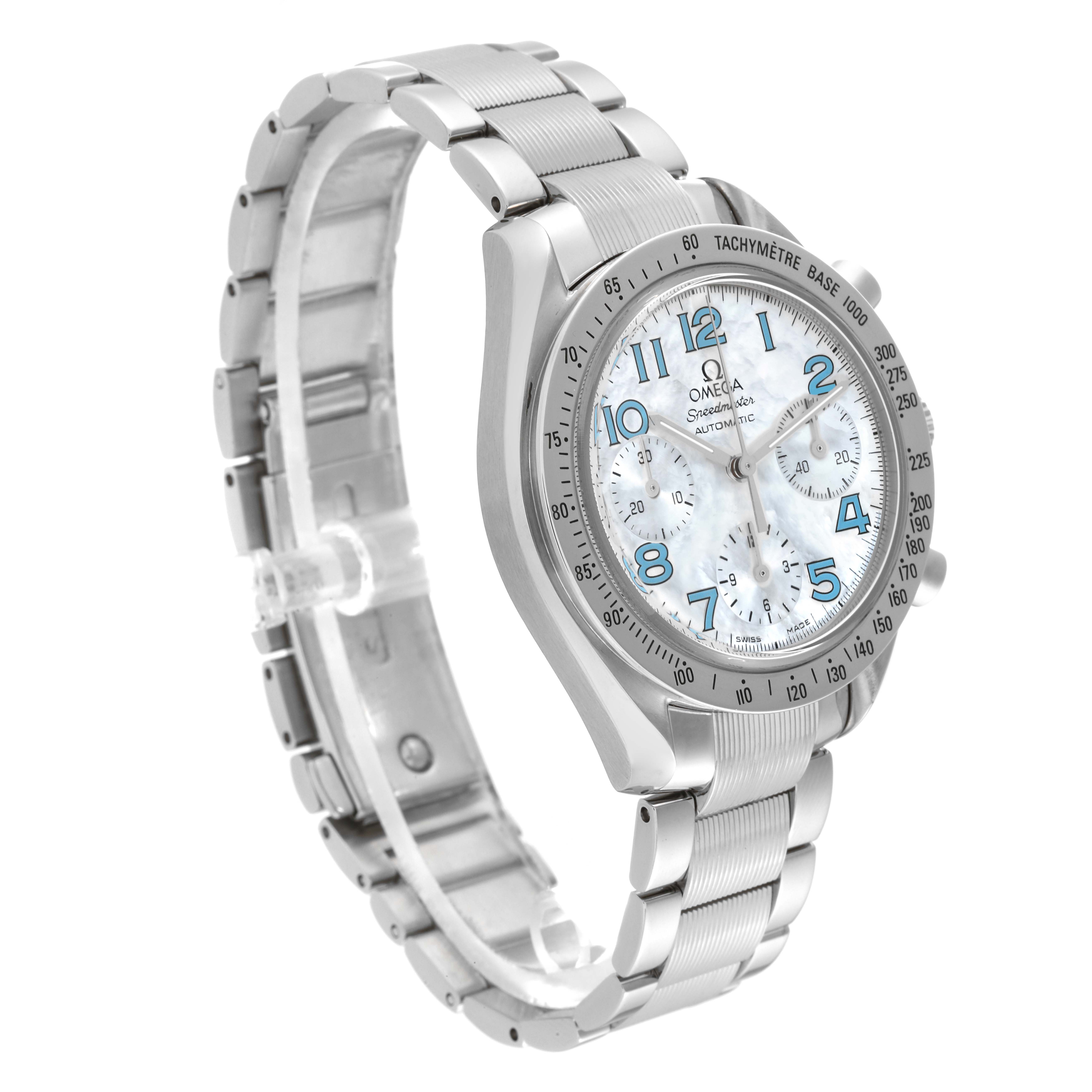 The Omega Speedmaster 3534.71.00 Men's Stainless Steel Mother of Pearl Dial 3534.71.00 Men's Stainless Steel Mother of Pearl Dial watch is shown at a three-quarter angle, highlighting its stainless steel band and detailed face.