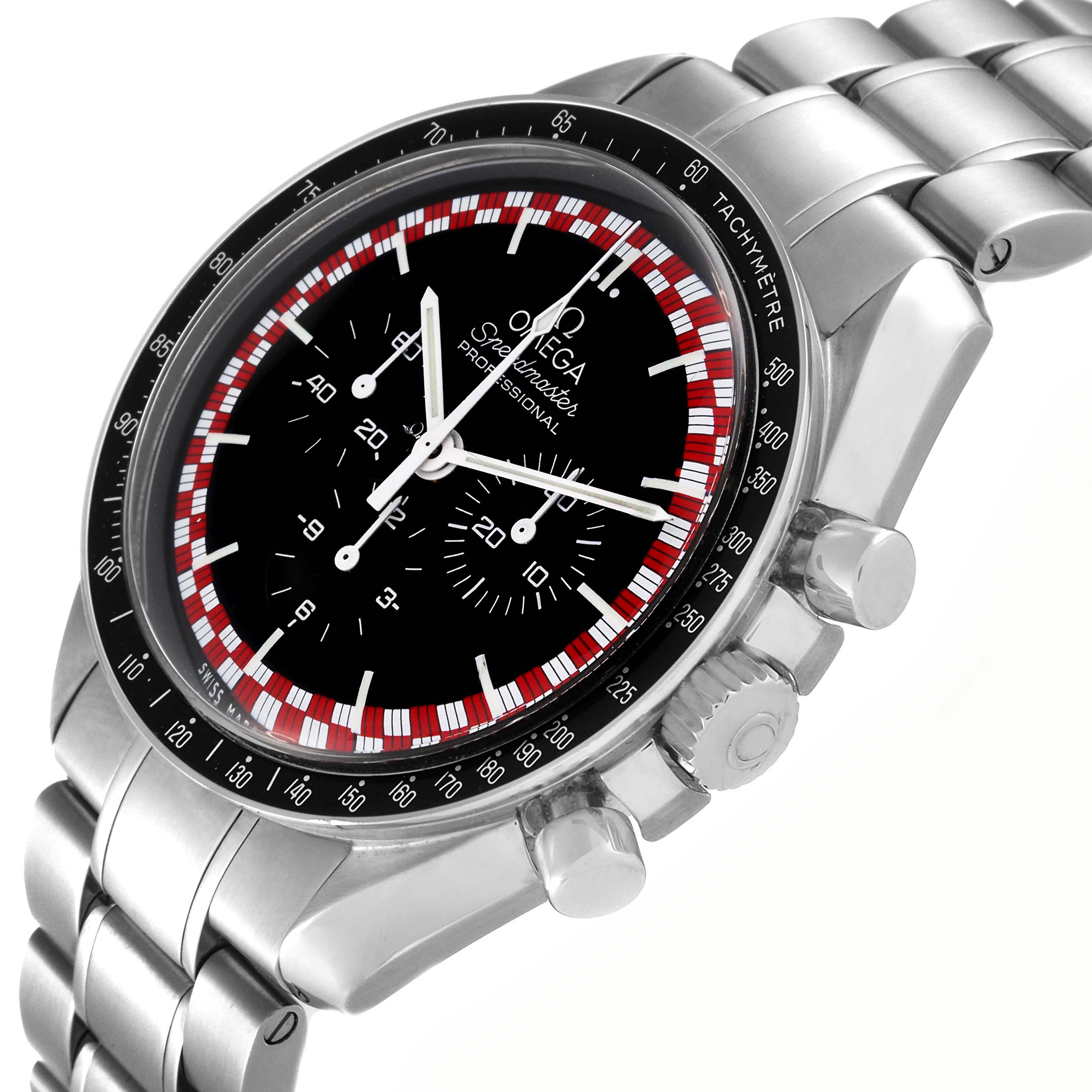 The Omega Speedmaster 311.30.42.30.01.004 Men's Stainless Steel Black Dial 311.30.42.30.01.004 Men's Stainless Steel Black Dial watch is shown at a side angle, displaying its dial, bezel, pushers, and bracelet.