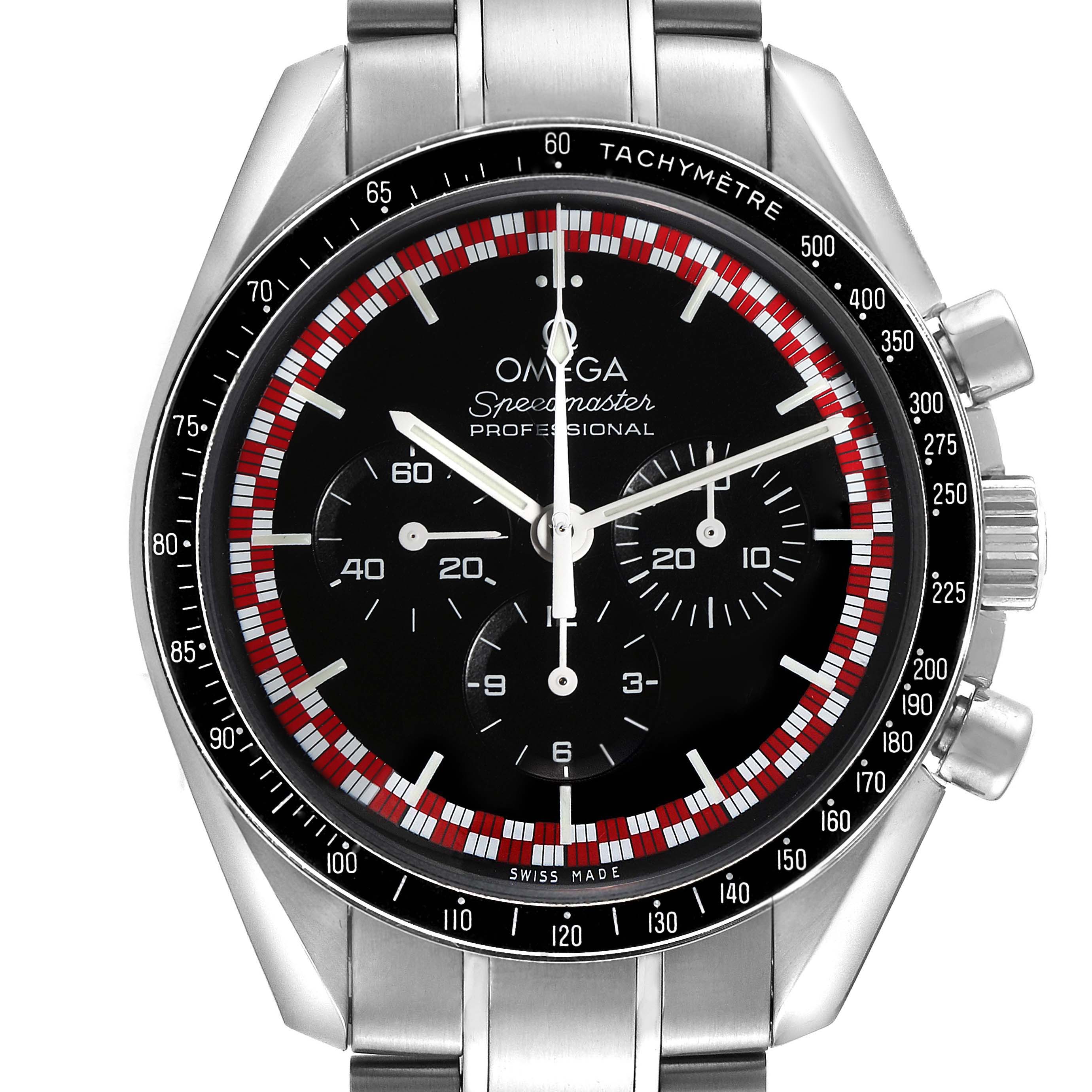 The Omega Speedmaster 311.30.42.30.01.004 Men's Stainless Steel Black Dial 311.30.42.30.01.004 Men's Stainless Steel Black Dial watch is shown from a front angle, highlighting its dial, tachymeter bezel, and pushers.