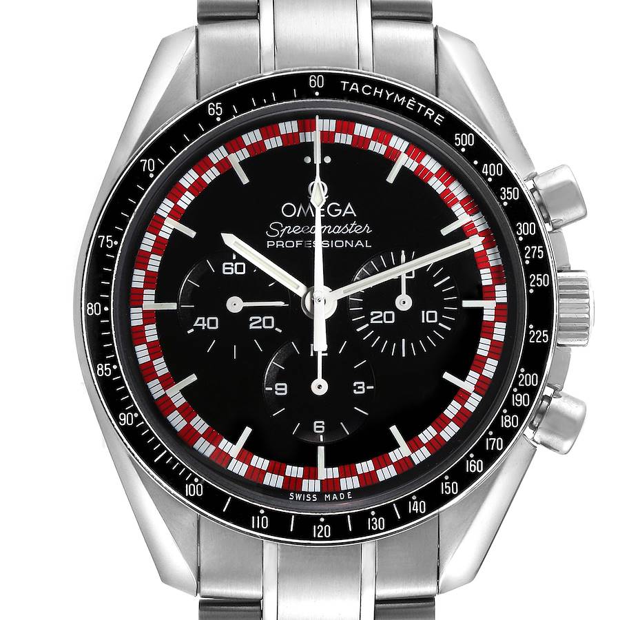 The Omega Speedmaster watch is shown from a front angle, highlighting its dial, tachymeter bezel, and pushers.