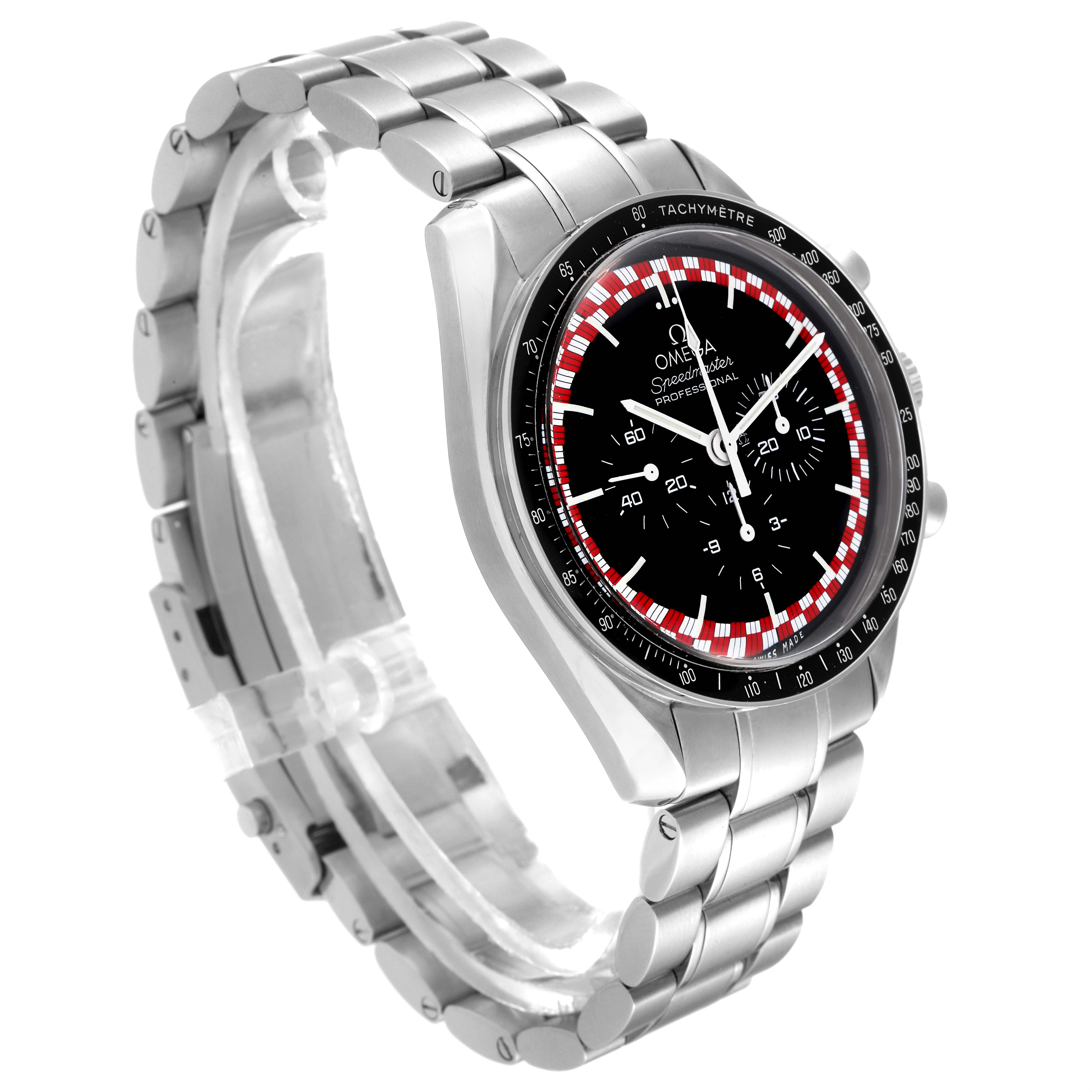 The Omega Speedmaster 311.30.42.30.01.004 Men's Stainless Steel Black Dial 311.30.42.30.01.004 Men's Stainless Steel Black Dial watch is shown from an angled side view, displaying the bracelet, bezel, and part of the dial.