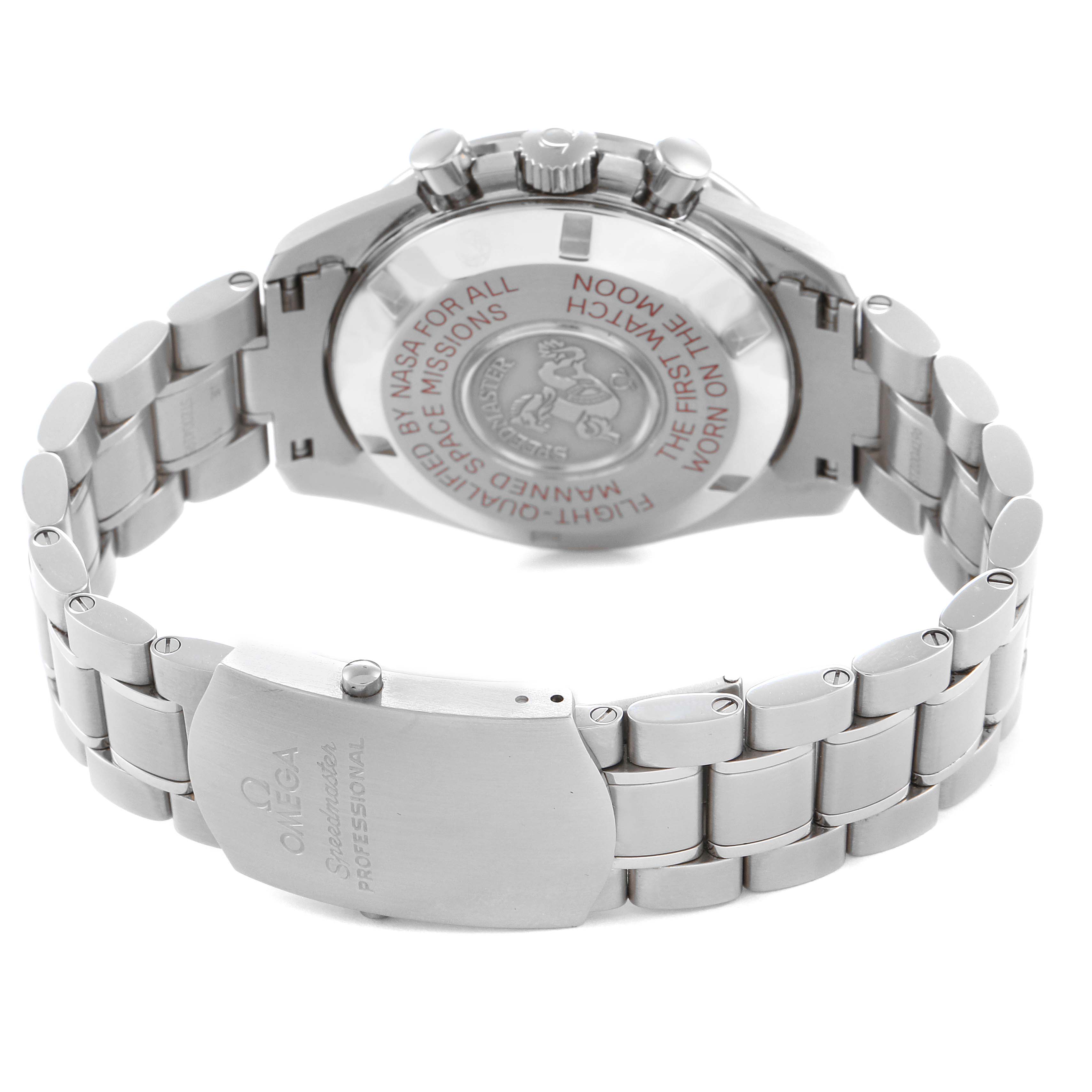 The image shows the back case and bracelet of the Omega Speedmaster 311.30.42.30.01.004 Men's Stainless Steel Black Dial 311.30.42.30.01.004 Men's Stainless Steel Black Dial, highlighting the engraved details and clasp.