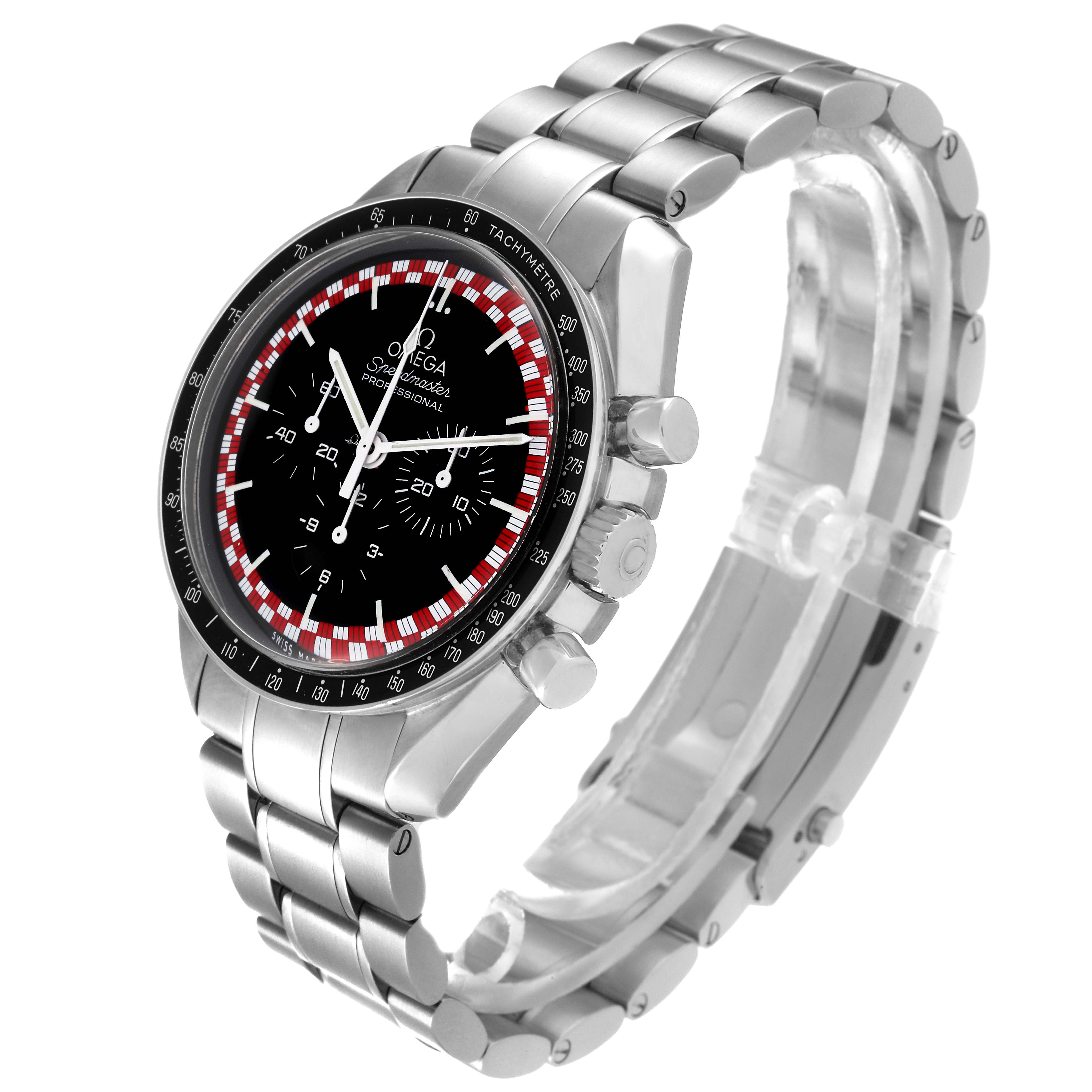 The Omega Speedmaster 311.30.42.30.01.004 Men's Stainless Steel Black Dial 311.30.42.30.01.004 Men's Stainless Steel Black Dial watch is shown at a three-quarter angle, highlighting the dial, bezel, crown, pushers, and bracelet.