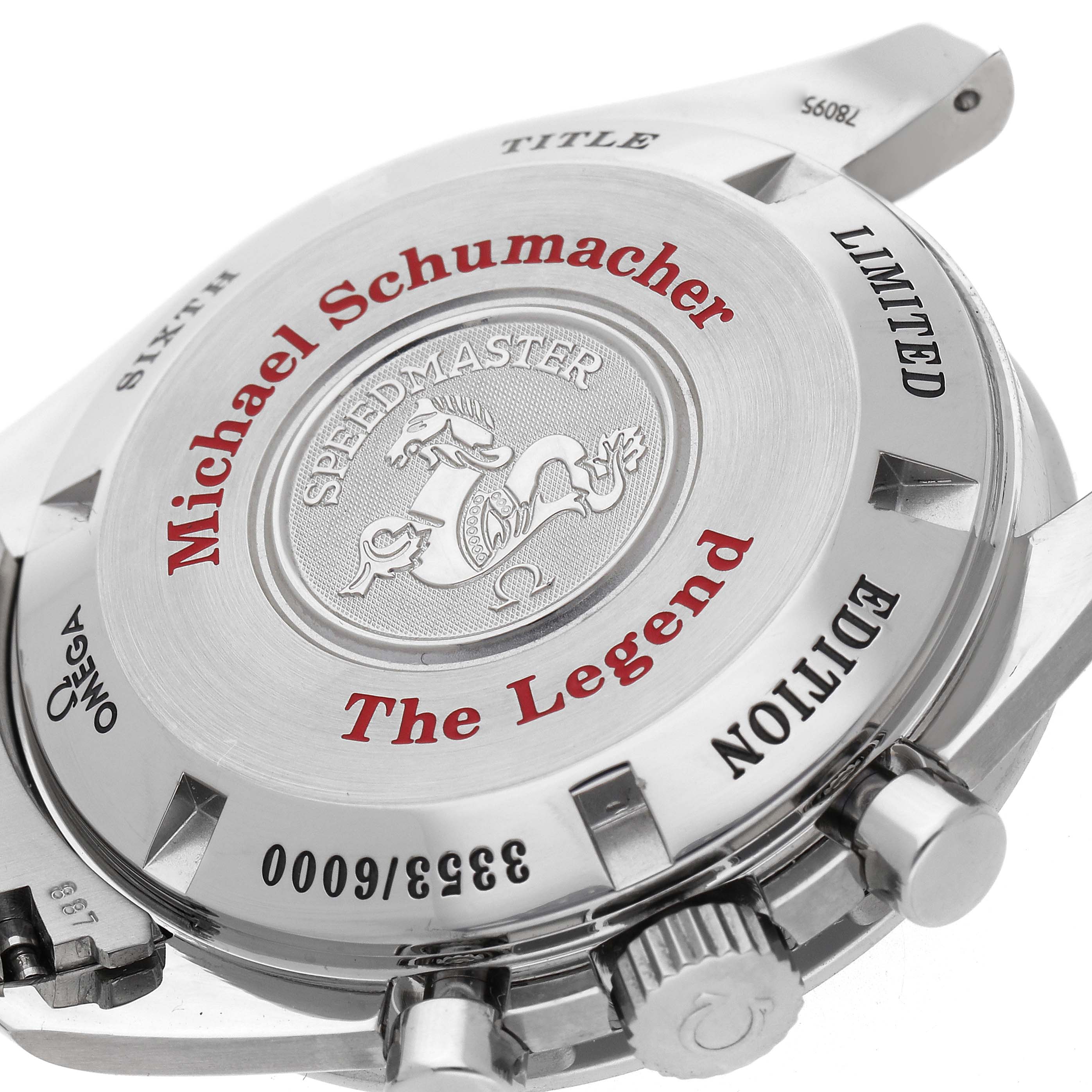 The image shows the back of an Omega Speedmaster 3559.32.00 Men's Stainless Steel White Dial 3559.32.00 Men's Stainless Steel White Dial watch, highlighting the engravings and branding details.