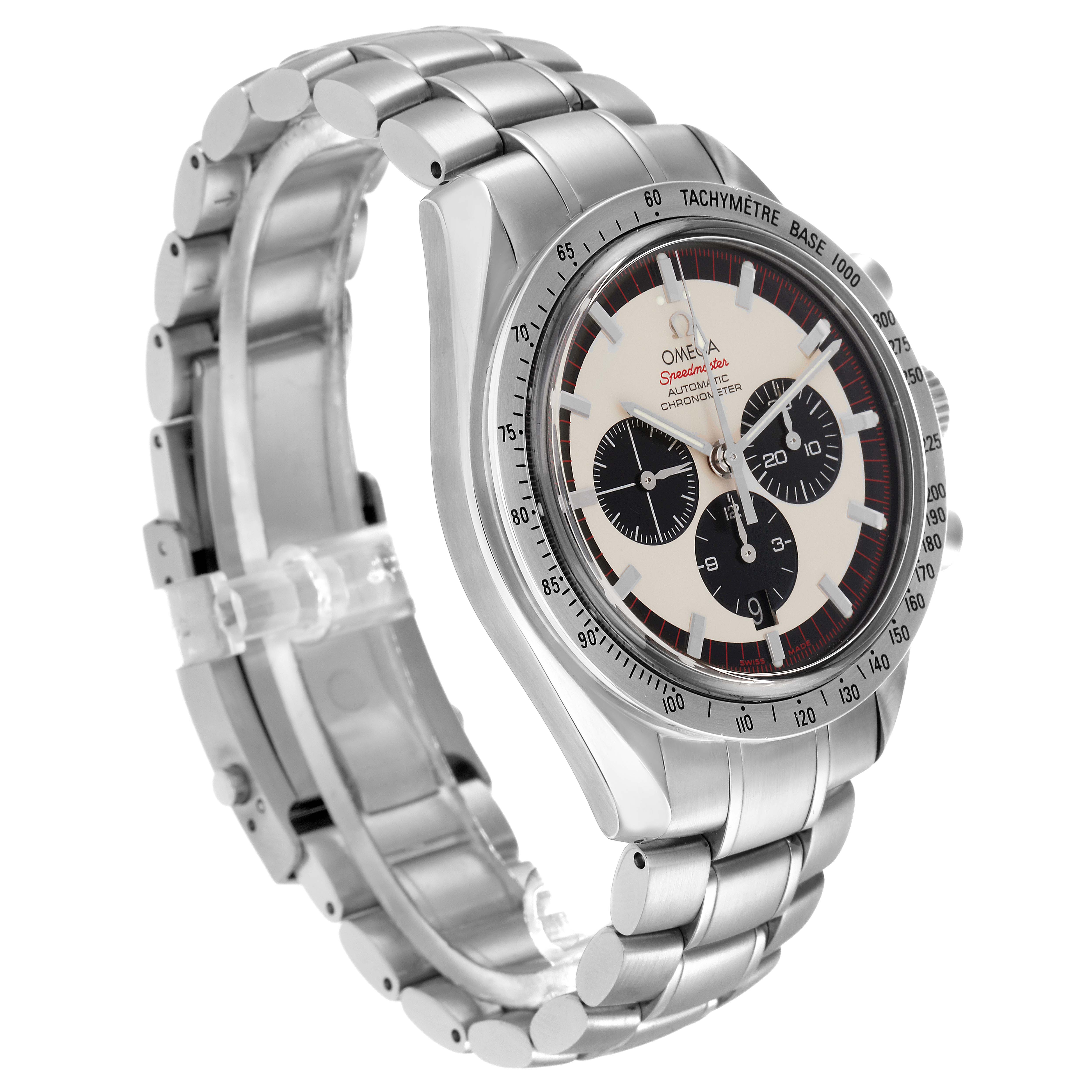 The Omega Speedmaster 3559.32.00 Men's Stainless Steel White Dial 3559.32.00 Men's Stainless Steel White Dial watch is shown at a three-quarter angle, highlighting the dial, bezel, and bracelet.
