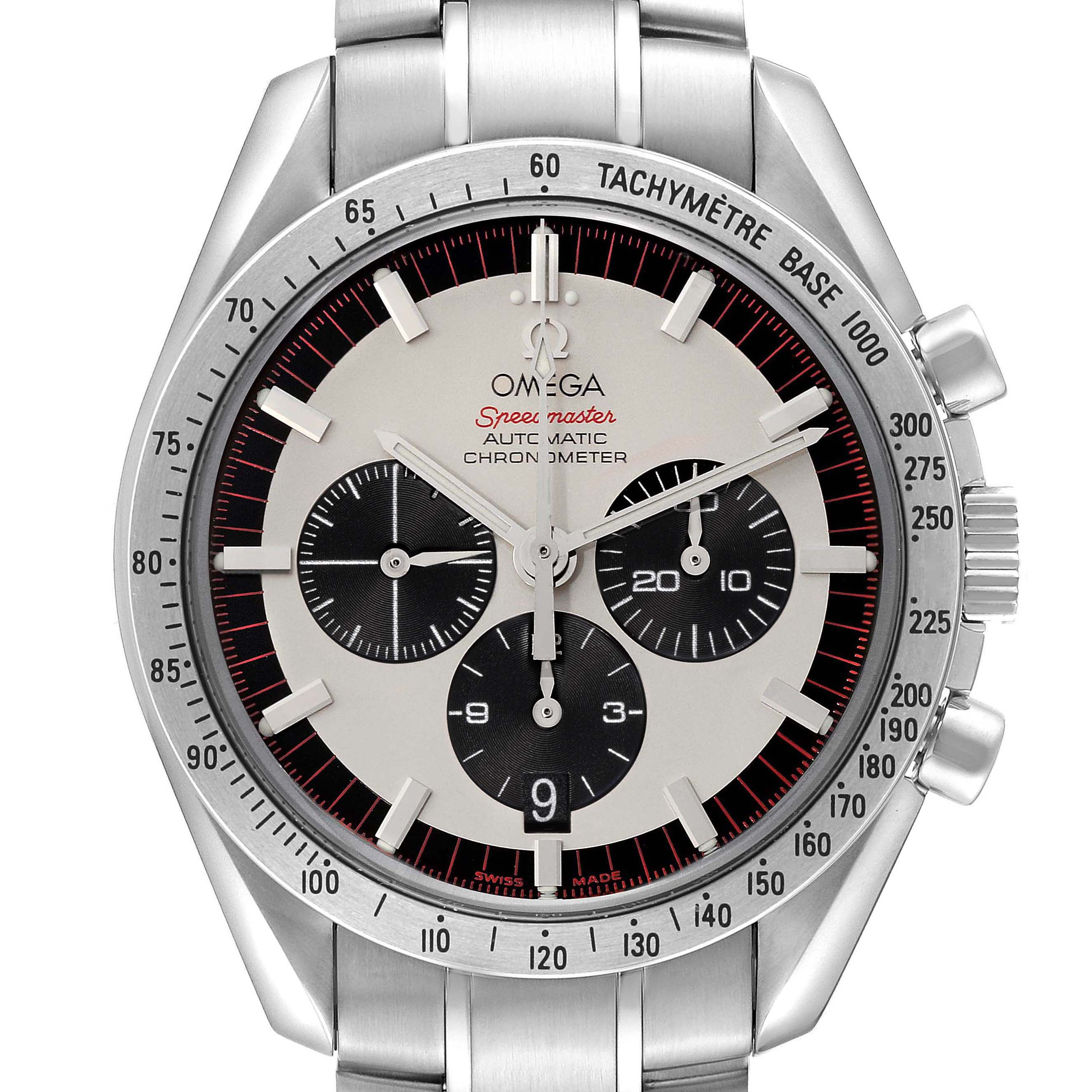The Omega Speedmaster 3559.32.00 Men's Stainless Steel White Dial 3559.32.00 Men's Stainless Steel White Dial watch is shown from a front angle, displaying its dial, sub-dials, bezel, and part of the bracelet.