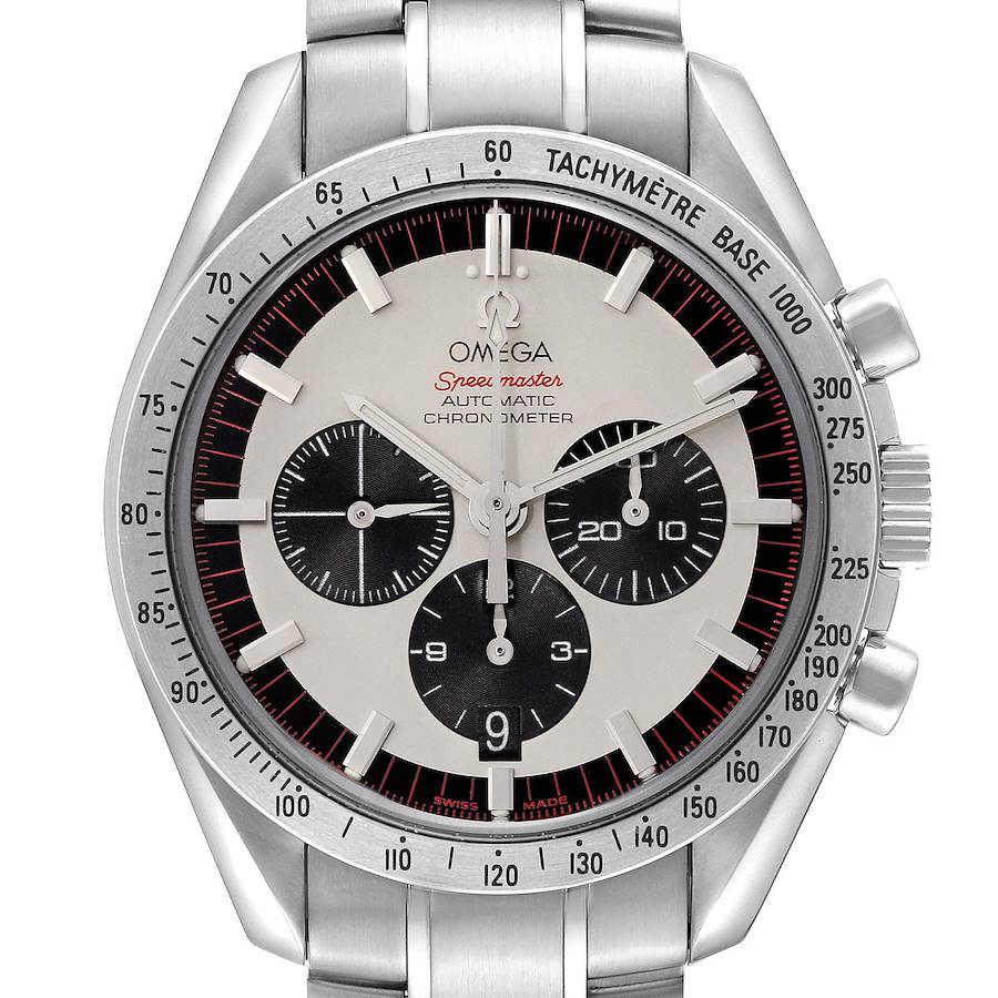 The Omega Speedmaster watch is shown from a front angle, displaying its dial, sub-dials, bezel, and part of the bracelet.