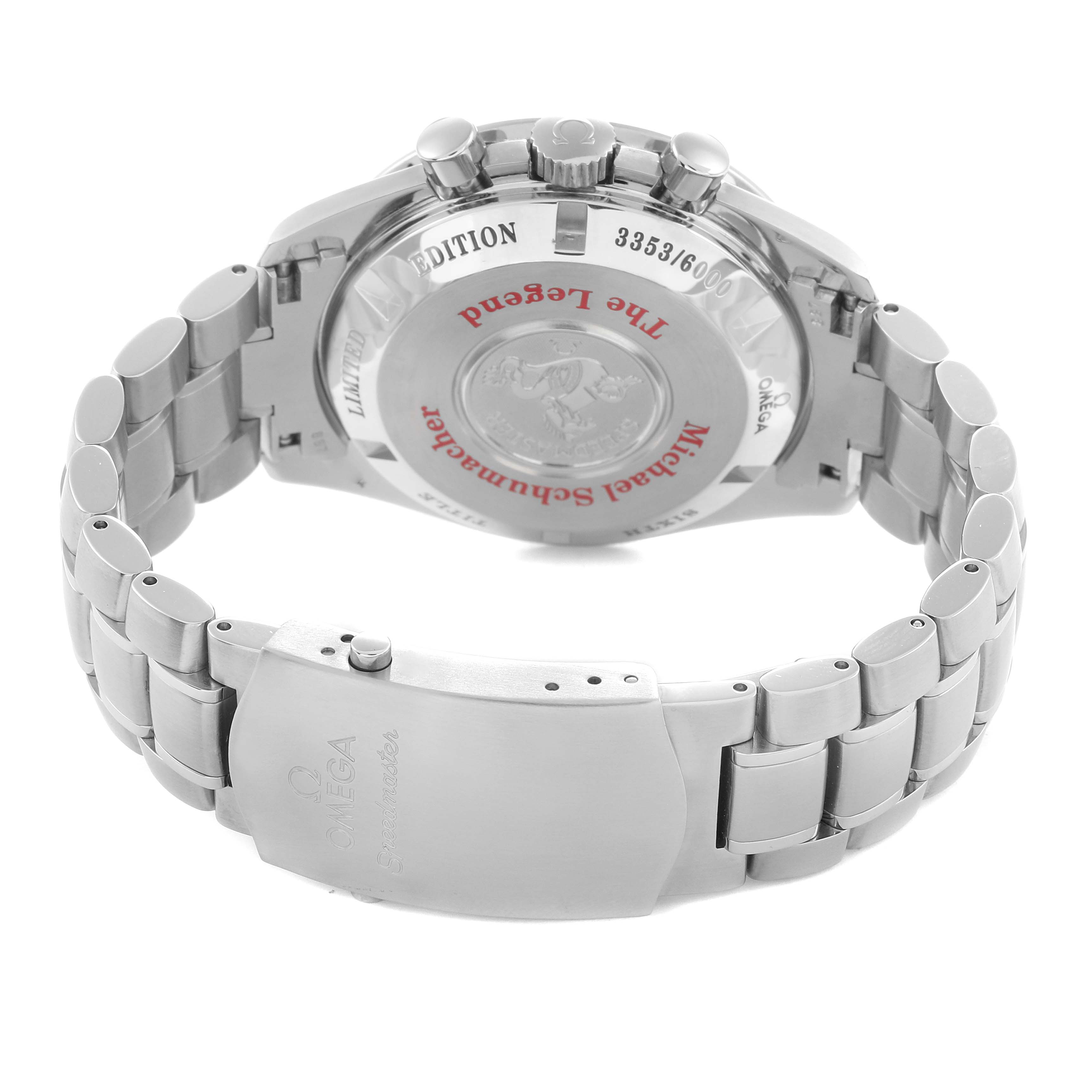 The Omega Speedmaster 3559.32.00 Men's Stainless Steel White Dial 3559.32.00 Men's Stainless Steel White Dial watch is shown from a rear angle, displaying the case back and bracelet clasp.