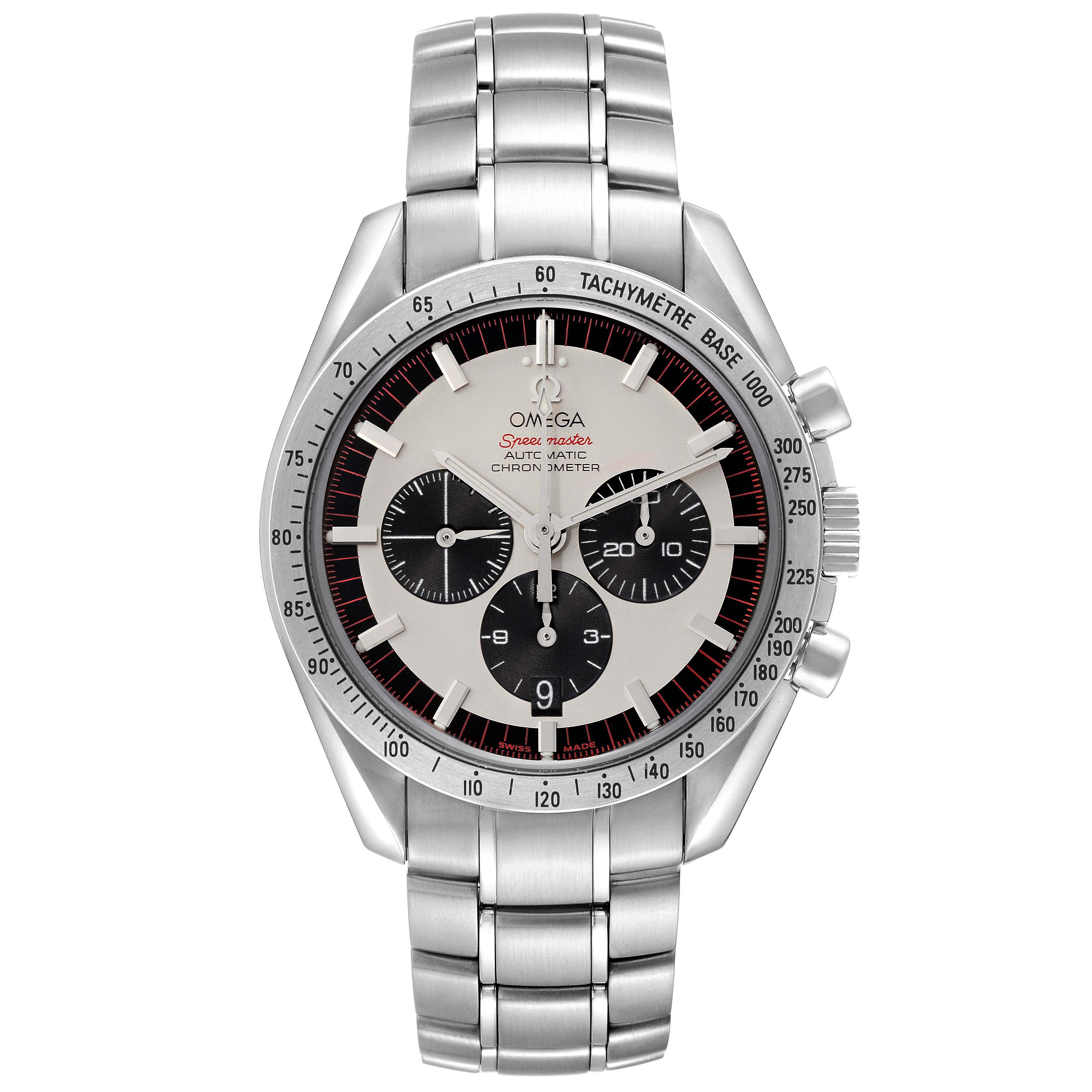 The Omega Speedmaster 3559.32.00 Men's Stainless Steel White Dial 3559.32.00 Men's Stainless Steel White Dial watch is shown from a top view, highlighting the dial, tachymeter bezel, chronograph subdials, and bracelet.