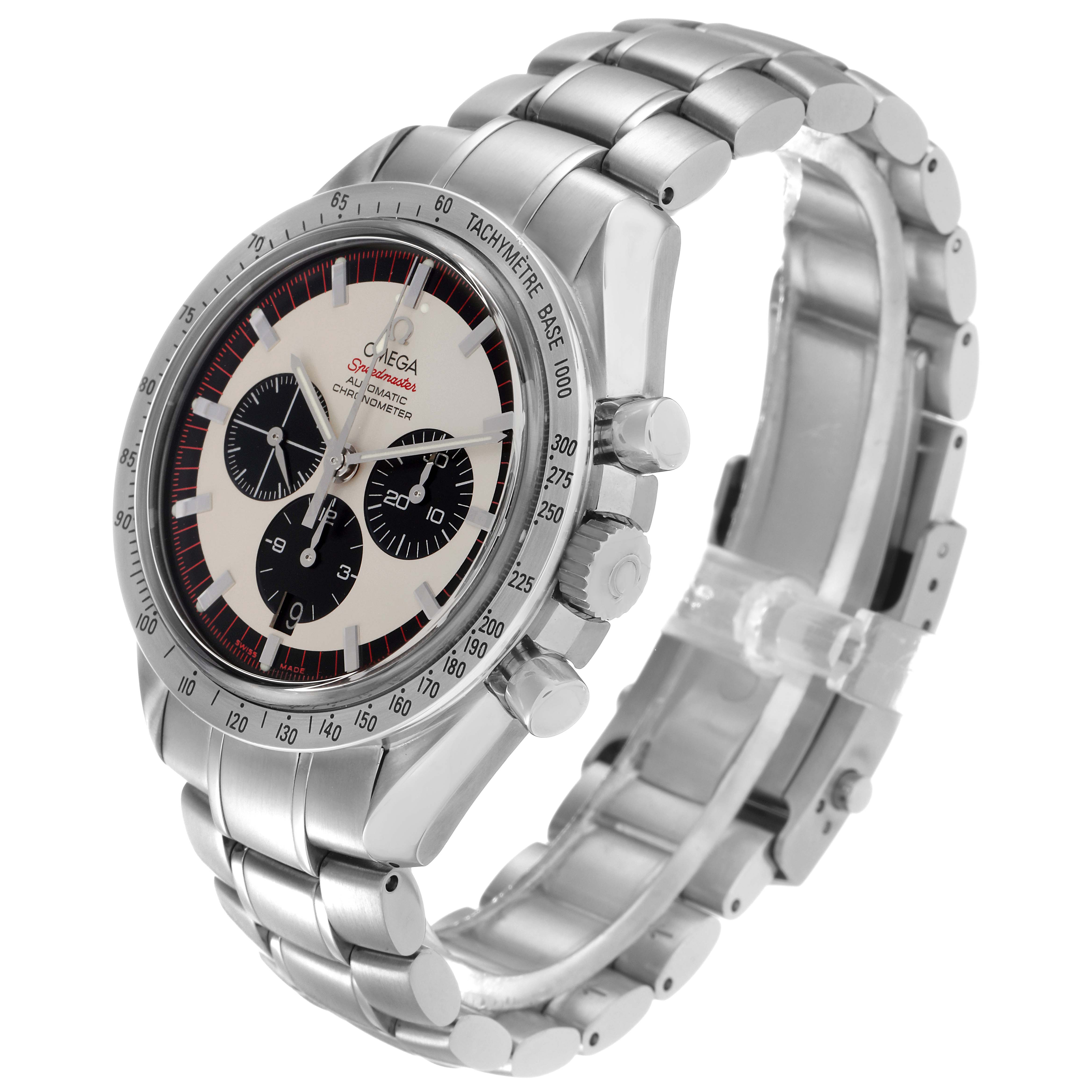 The Omega Speedmaster 3559.32.00 Men's Stainless Steel White Dial 3559.32.00 Men's Stainless Steel White Dial watch is shown at a three-quarter angle displaying the face, bezel, crown, pushers, and bracelet.