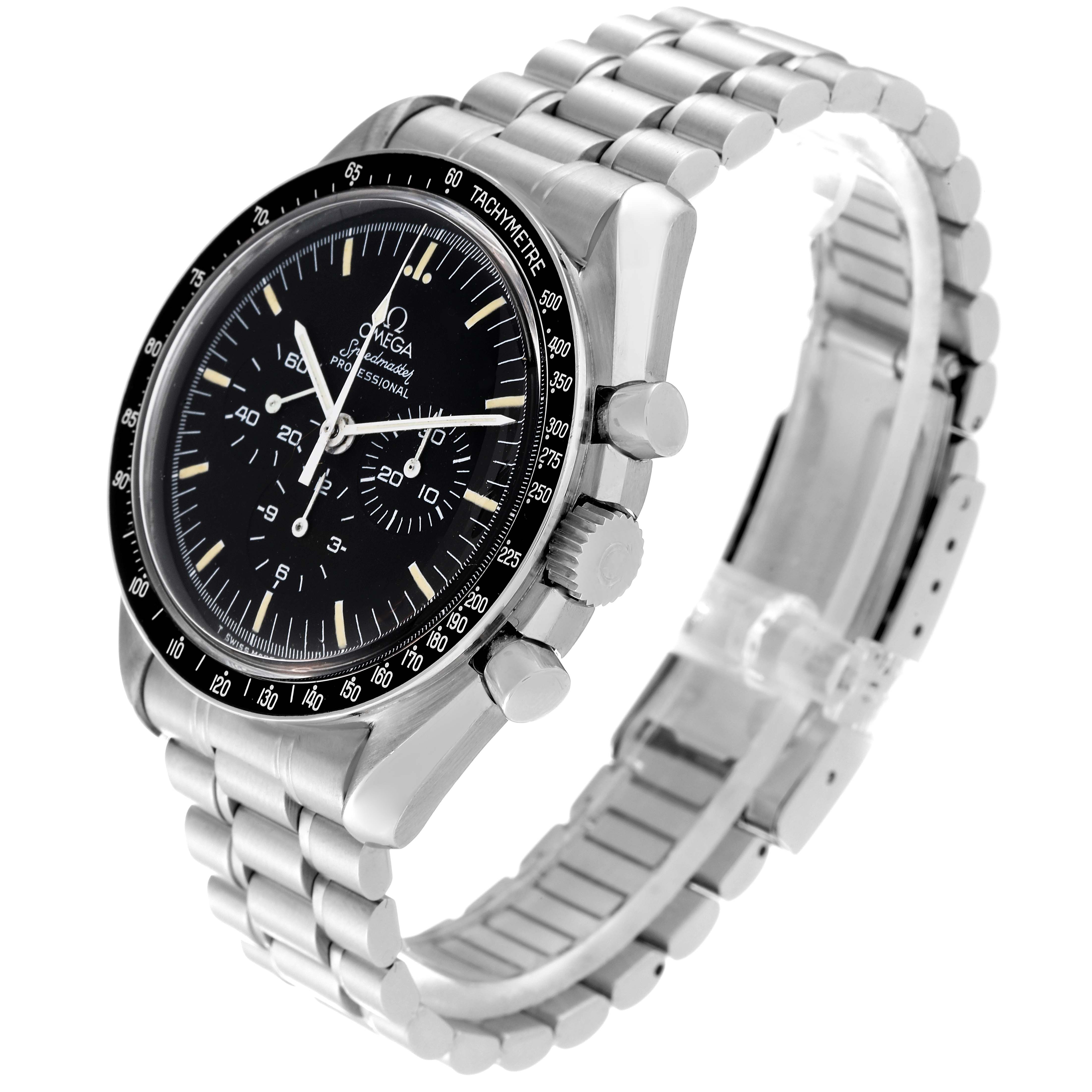 The Omega Speedmaster 145.022 Men
s Stainless Steel Black Dial 145.022 Men
s Stainless Steel Black Dial watch is shown at an angled side view, highlighting the bracelet, crown, pushers, and tachymeter bezel.