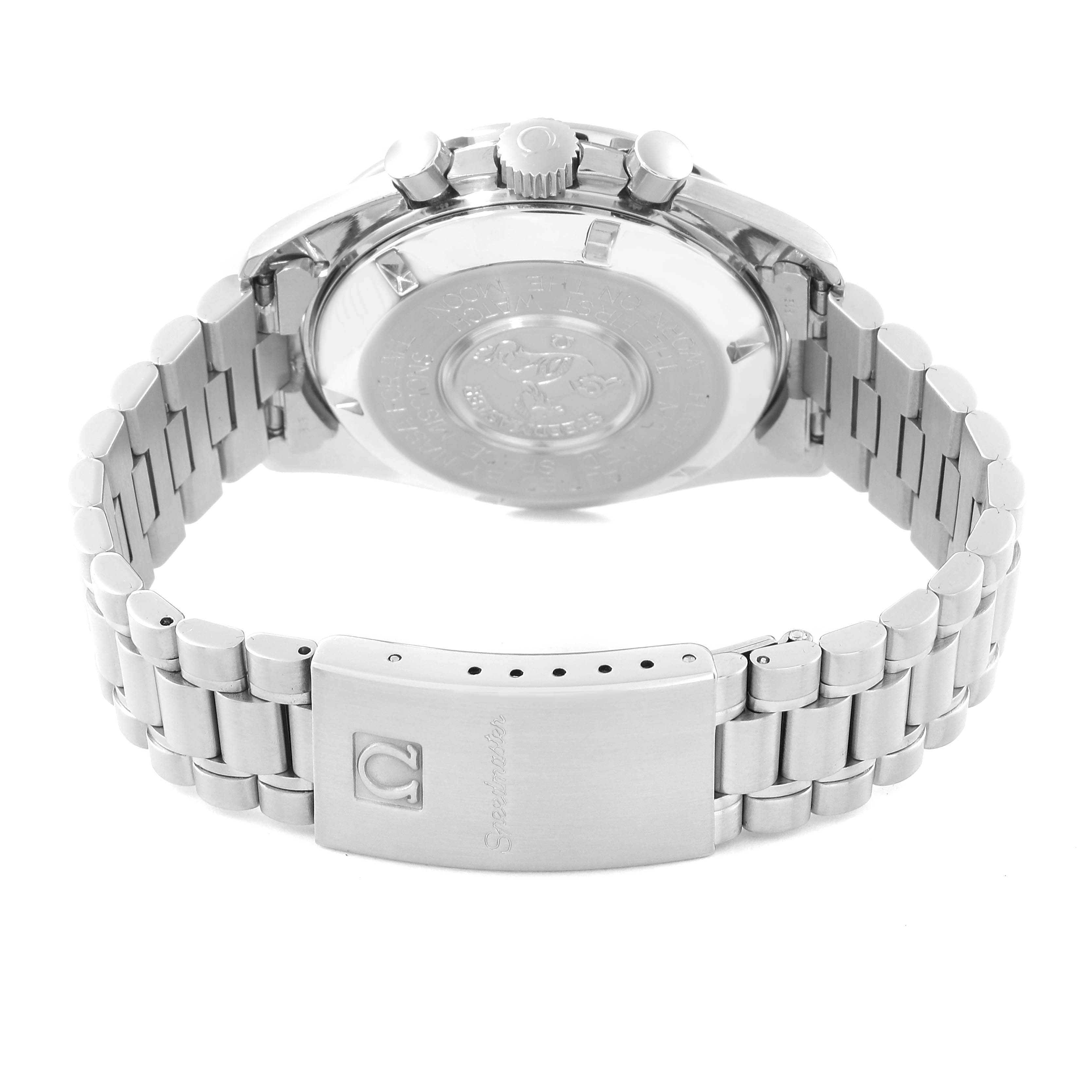 The image shows the back view of an Omega Speedmaster 145.022 Men
s Stainless Steel Black Dial 145.022 Men
s Stainless Steel Black Dial watch, highlighting the case back, pushers, crown, and metal bracelet with clasp.