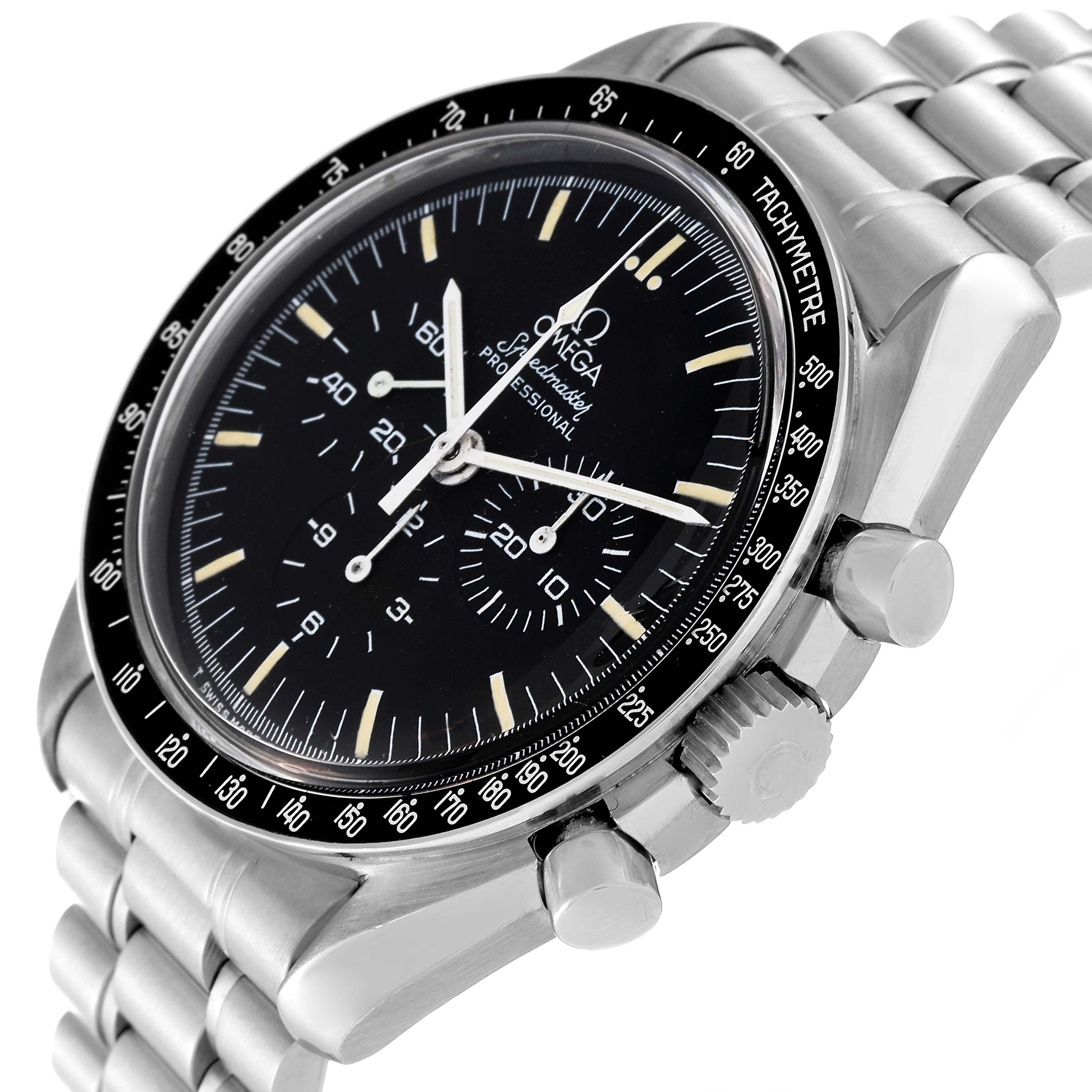 This image shows a close-up of the Omega Speedmaster 145.022 Men
s Stainless Steel Black Dial 145.022 Men
s Stainless Steel Black Dial watch from a slight top-side angle, displaying the face, bezel, crown, and pushers.