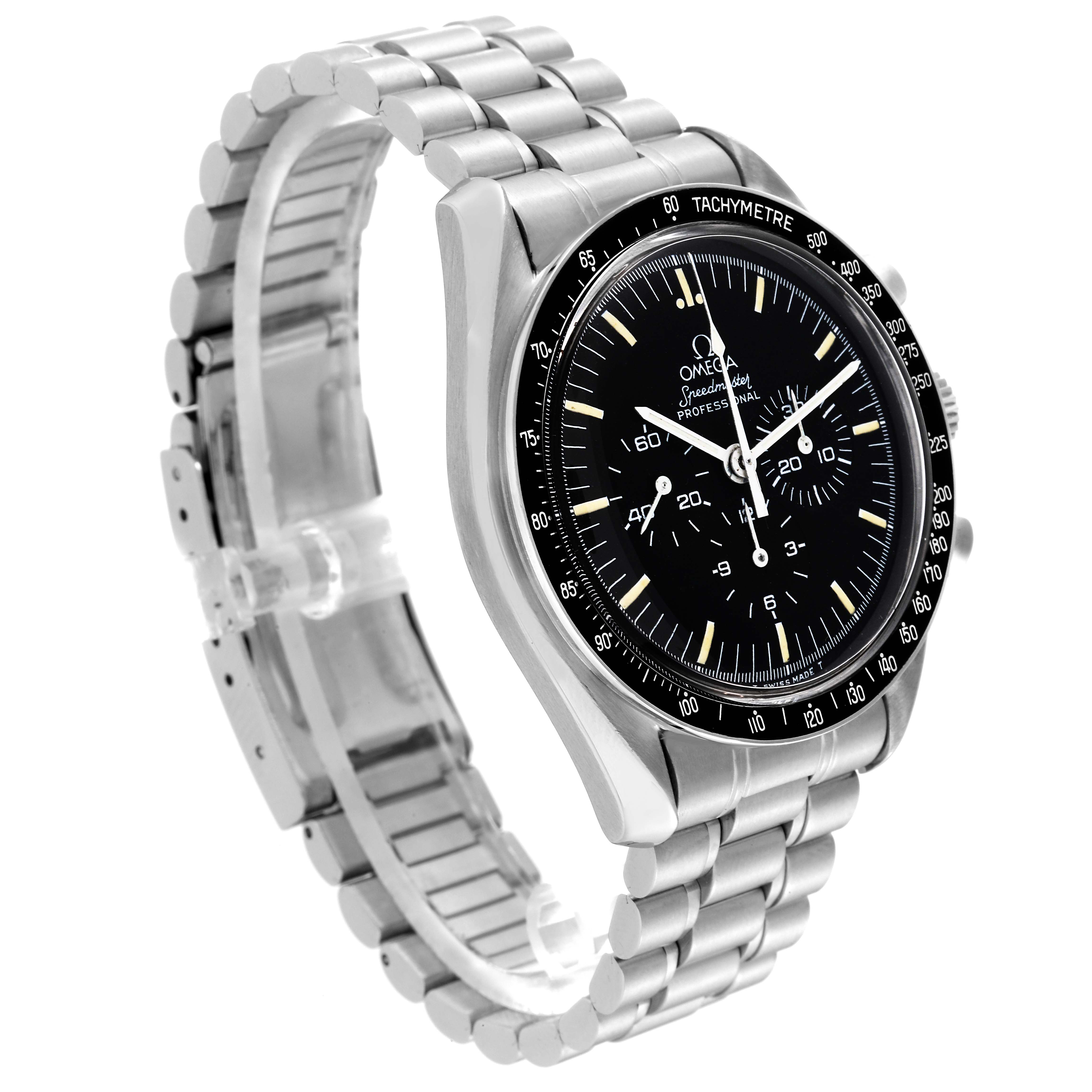The Omega Speedmaster 145.022 Men
s Stainless Steel Black Dial 145.022 Men
s Stainless Steel Black Dial watch is shown at a three-quarter angle, highlighting its face, bezel, and metal bracelet.