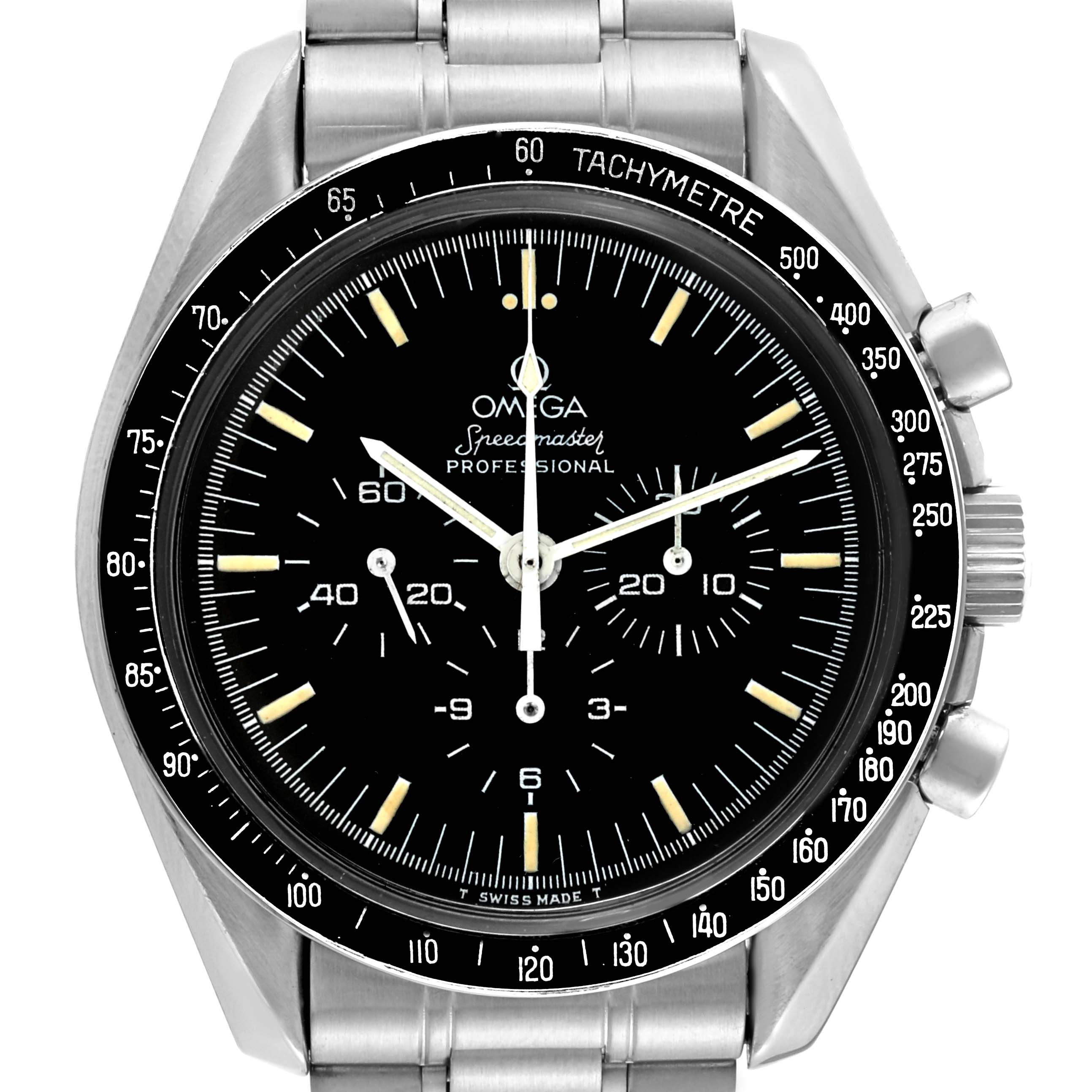 The image shows the Omega Speedmaster 145.022 Men
s Stainless Steel Black Dial 145.022 Men
s Stainless Steel Black Dial watch face, bezel with tachymeter scale, and a portion of the stainless steel bracelet.