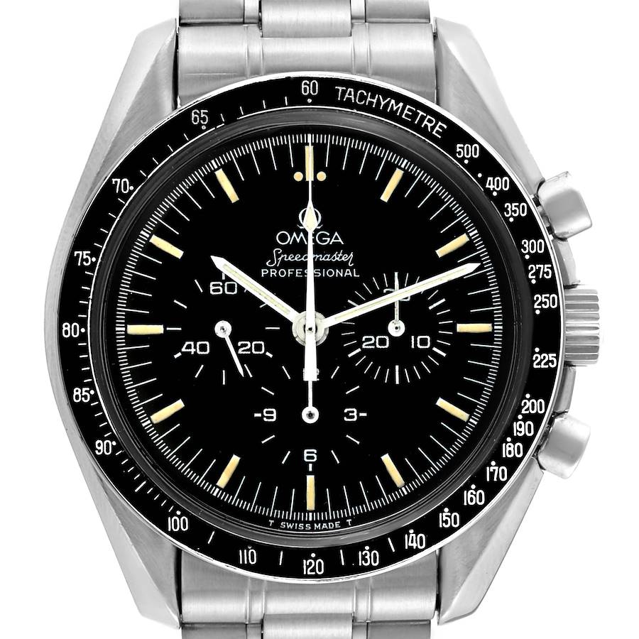 The image shows the Omega Speedmaster watch face, bezel with tachymeter scale, and a portion of the stainless steel bracelet.