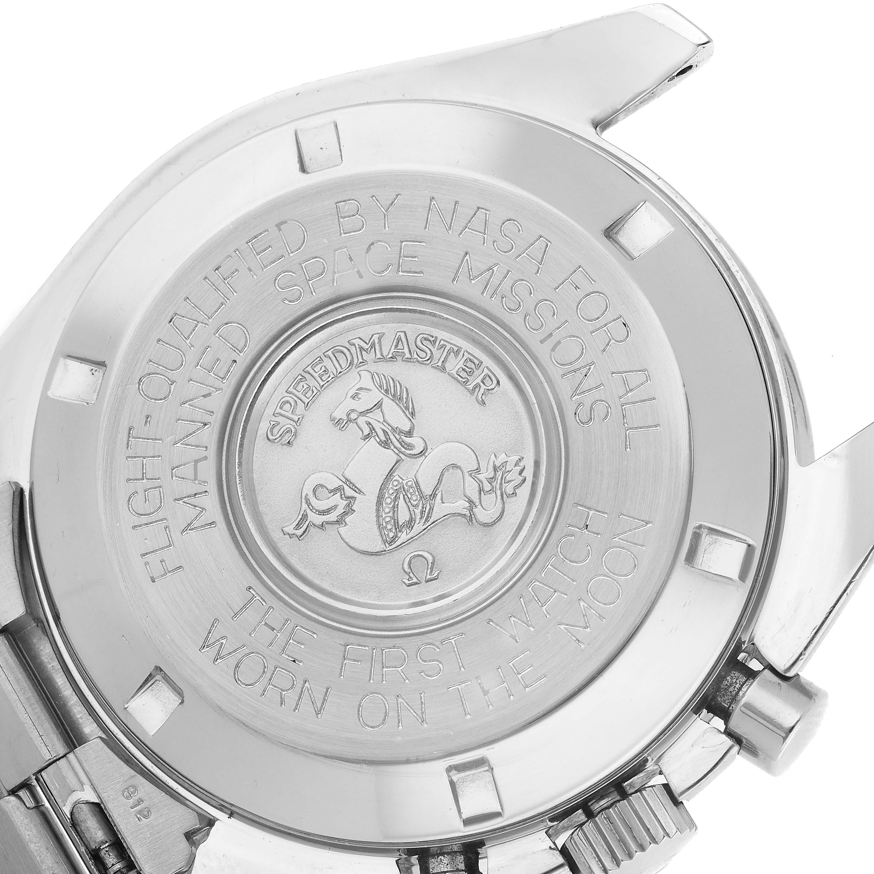 The image shows the case back of the Omega Speedmaster 145.022 Men
s Stainless Steel Black Dial 145.022 Men
s Stainless Steel Black Dial watch, showcasing engravings and the embossed emblem.