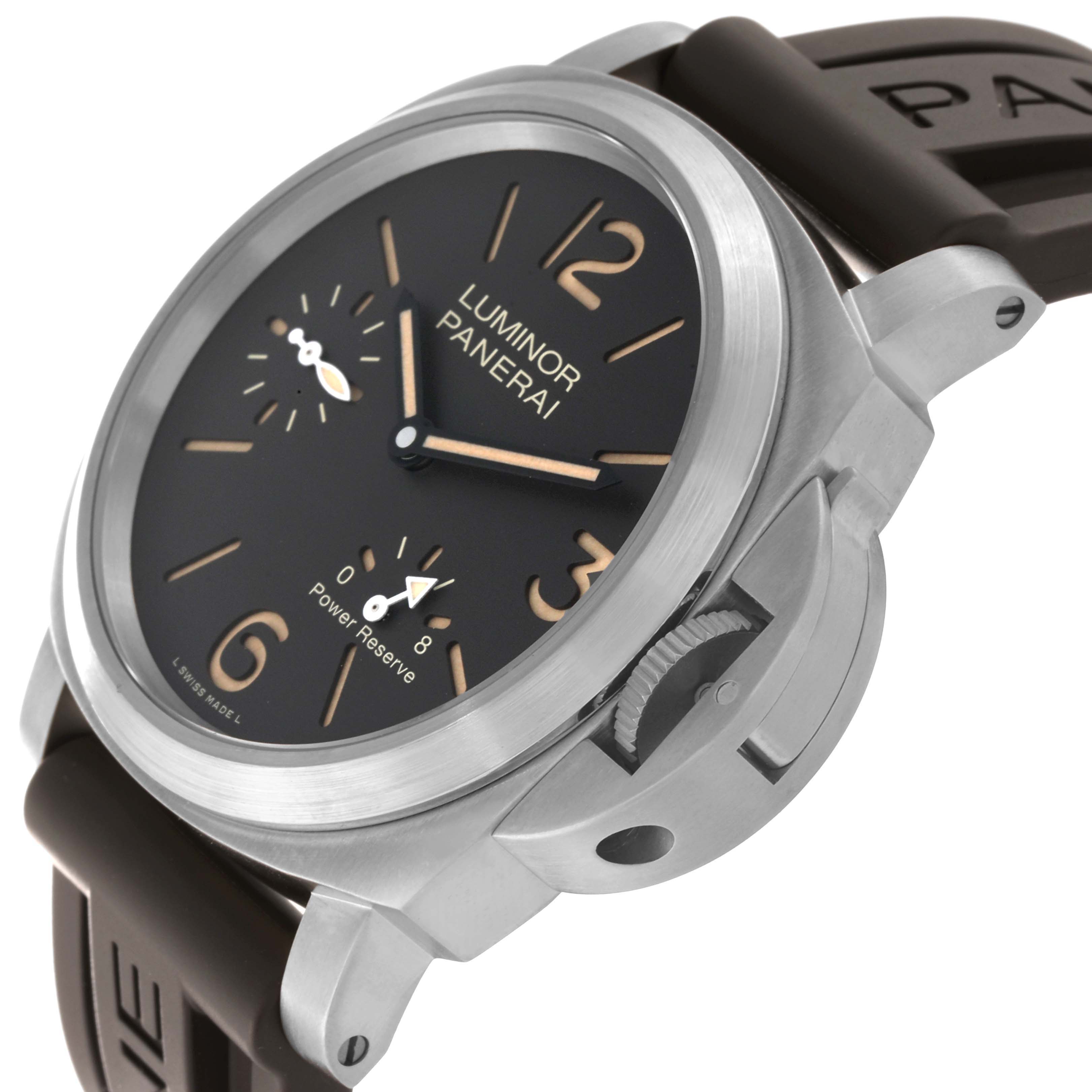 The image shows a close-up angle of a Panerai Luminor PAM00797 Men's Titanium Brown Dial PAM00797 Men's Titanium Brown Dial watch featuring the dial, crown guard, and part of the strap.