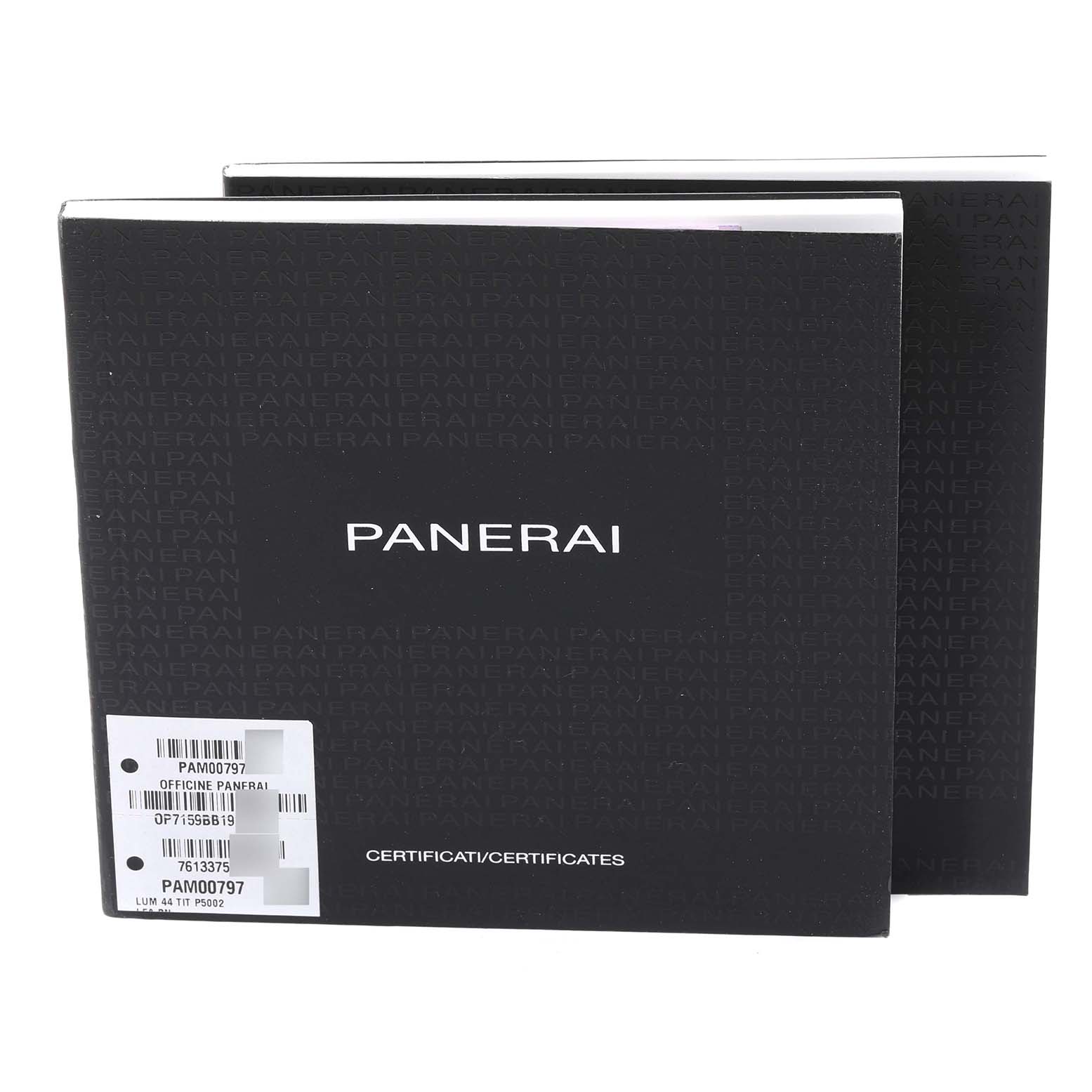 This image shows the certificates and warranty information for a Panerai Luminor PAM00797 Men's Titanium Brown Dial PAM00797 Men's Titanium Brown Dial model.