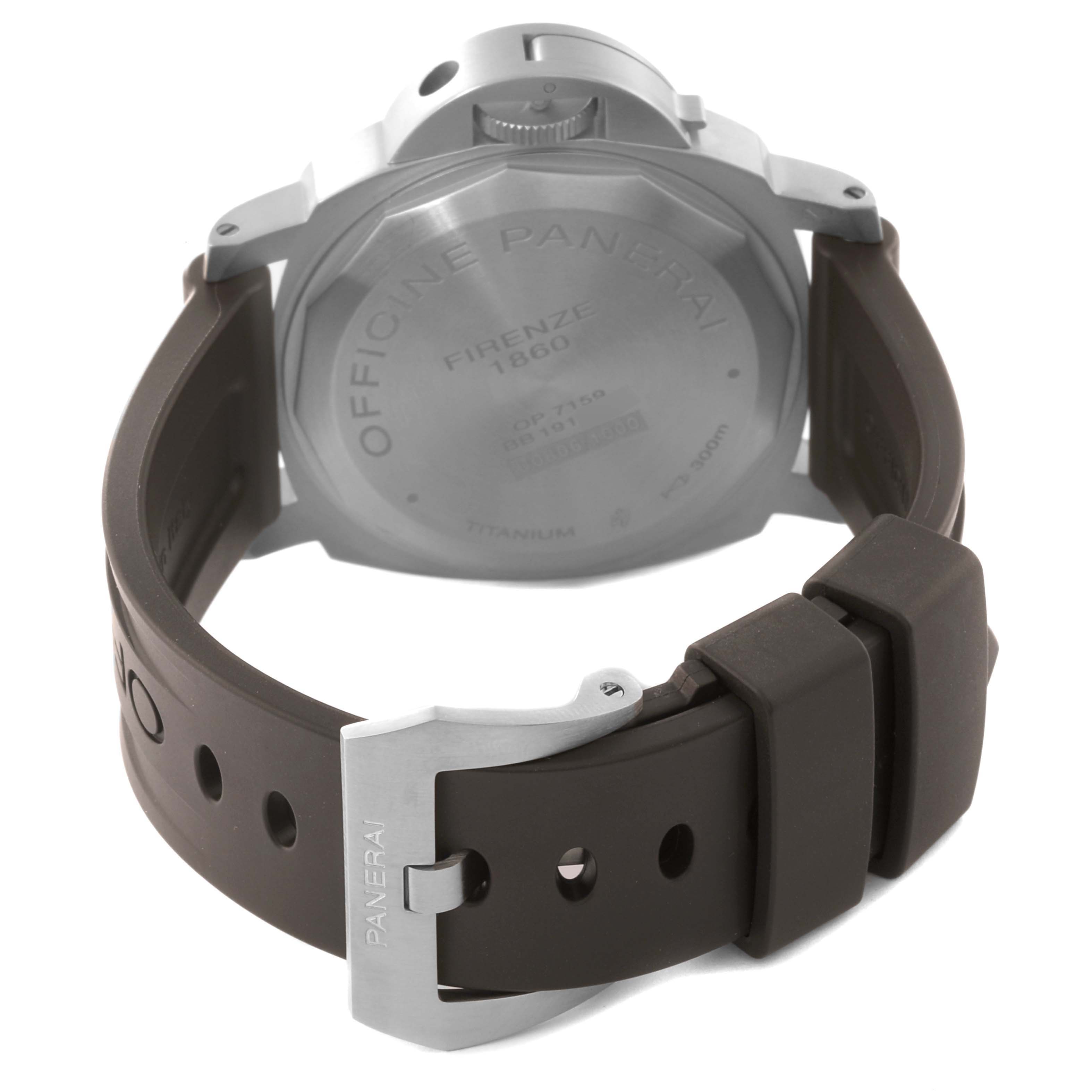 The image shows the back view of a Panerai Luminor PAM00797 Men's Titanium Brown Dial PAM00797 Men's Titanium Brown Dial watch, highlighting its buckle, strap, and case back.
