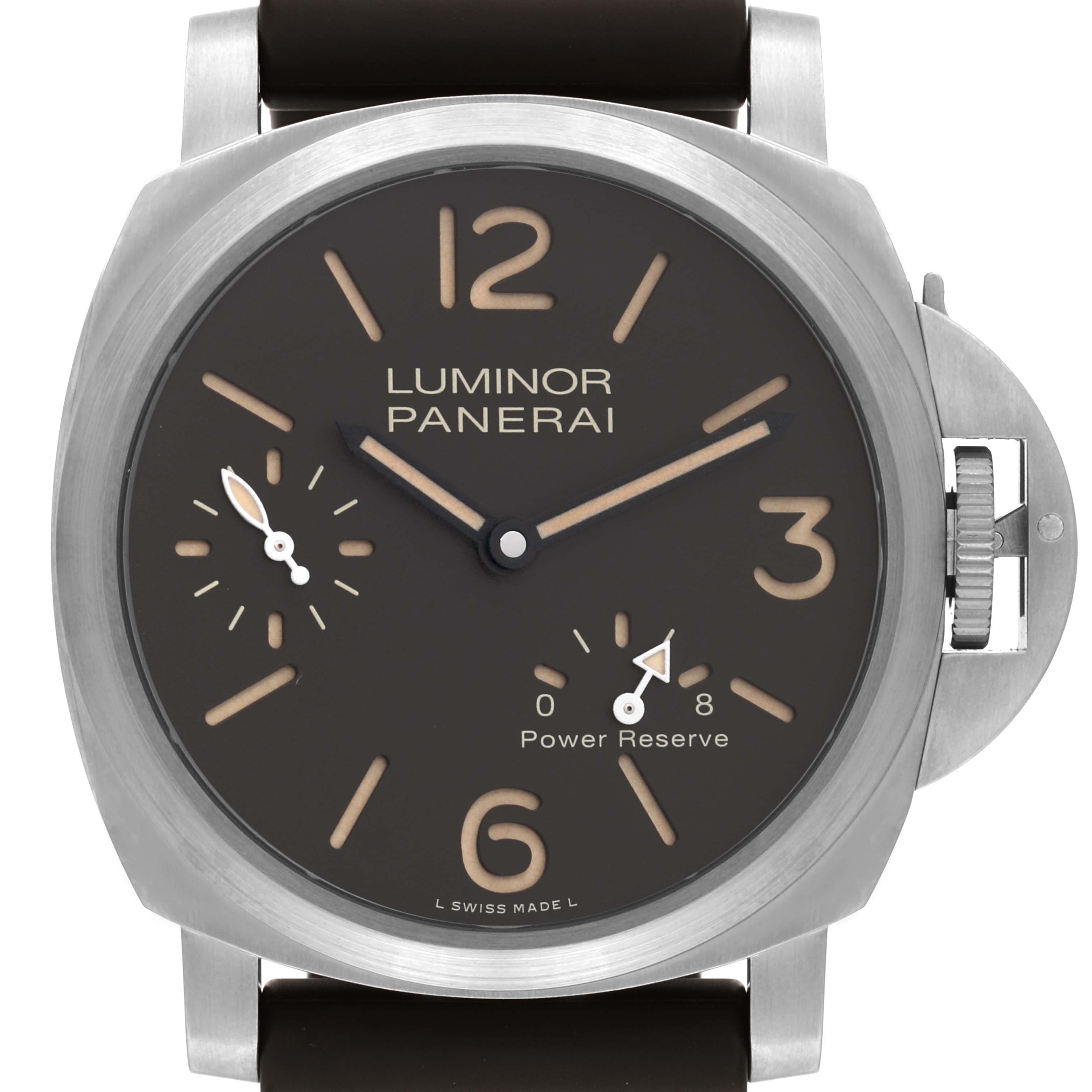 The image shows a front view of a Panerai Luminor PAM00797 Men's Titanium Brown Dial PAM00797 Men's Titanium Brown Dial watch, highlighting its dial, hands, and signature crown guard.