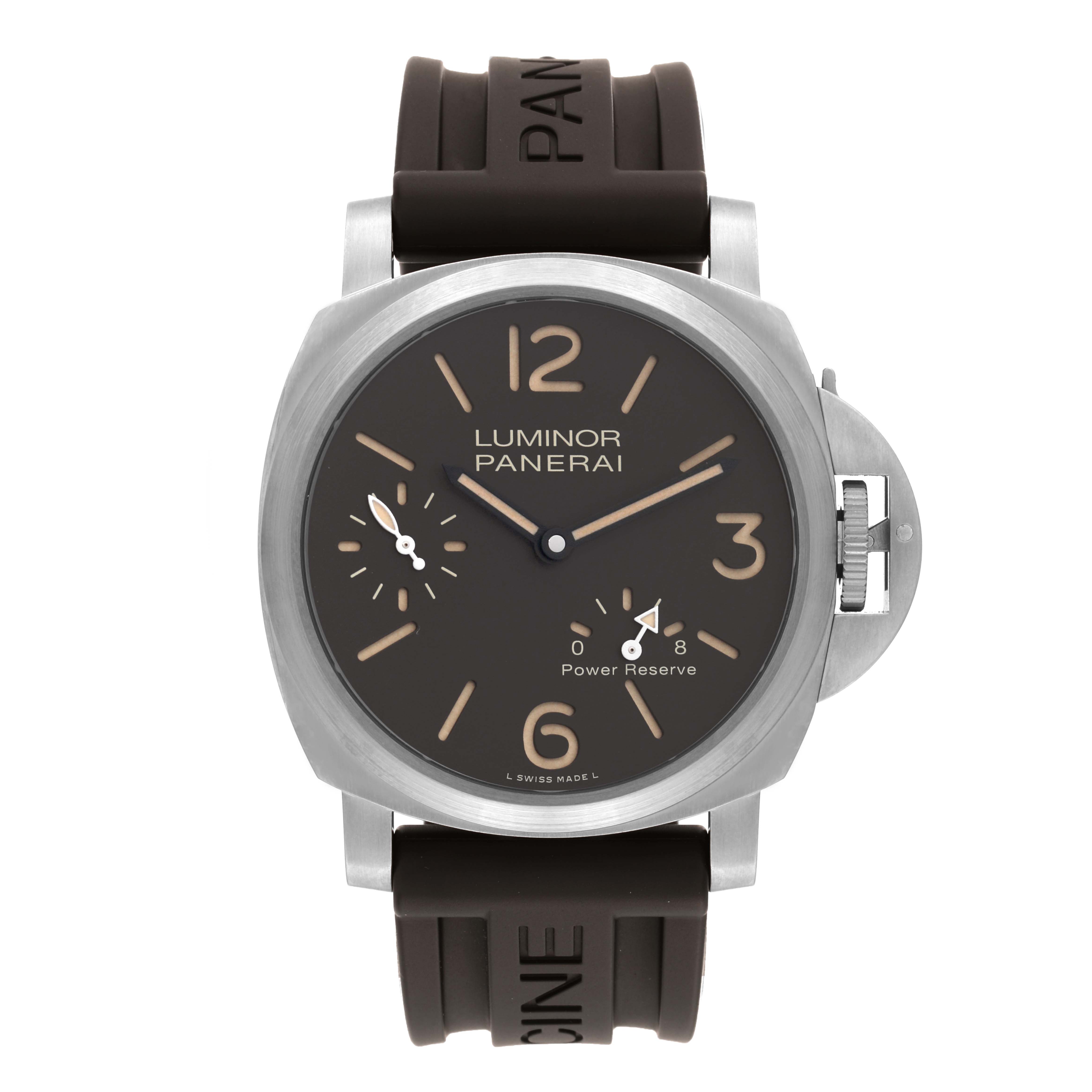 The Panerai Luminor PAM00797 Men's Titanium Brown Dial PAM00797 Men's Titanium Brown Dial watch is shown from the front, displaying its dial, case, crown guard, and rubber strap.