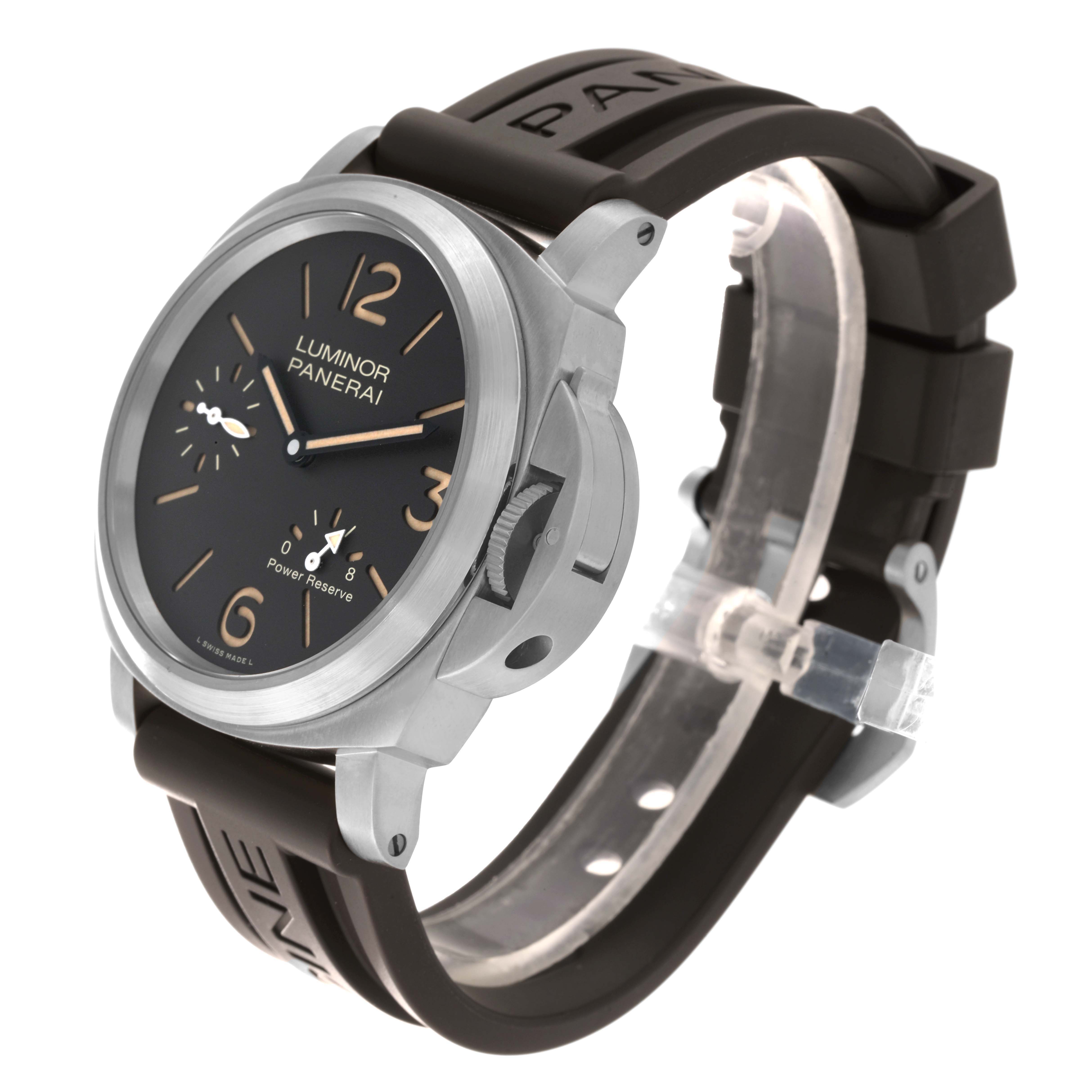 The image shows a Panerai Luminor PAM00797 Men's Titanium Brown Dial PAM00797 Men's Titanium Brown Dial model watch at a front-left angle, featuring the dial, crown, and rubber strap.