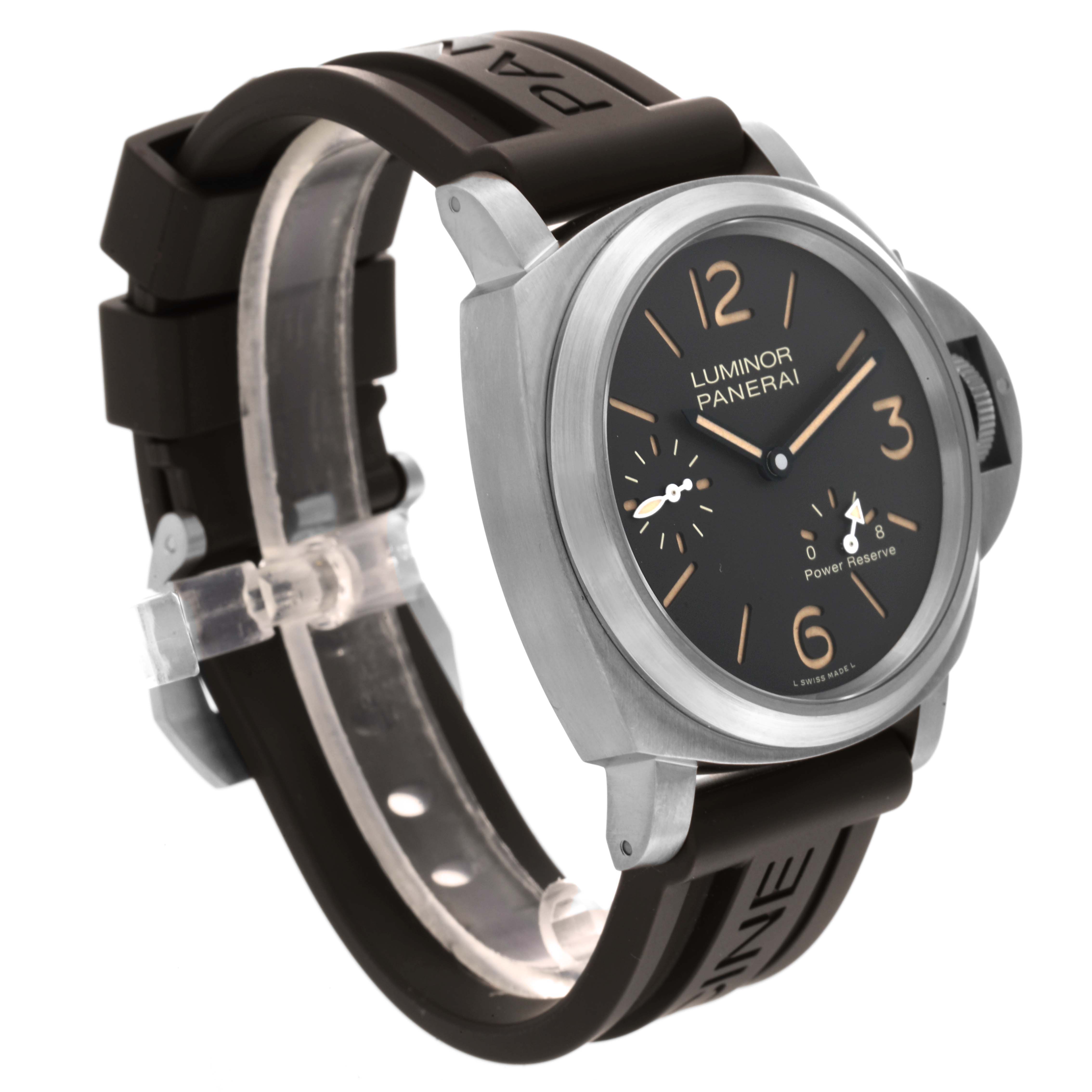 The image shows a side angle of a Panerai Luminor PAM00797 Men's Titanium Brown Dial PAM00797 Men's Titanium Brown Dial watch, highlighting its dial, case, and rubber strap.