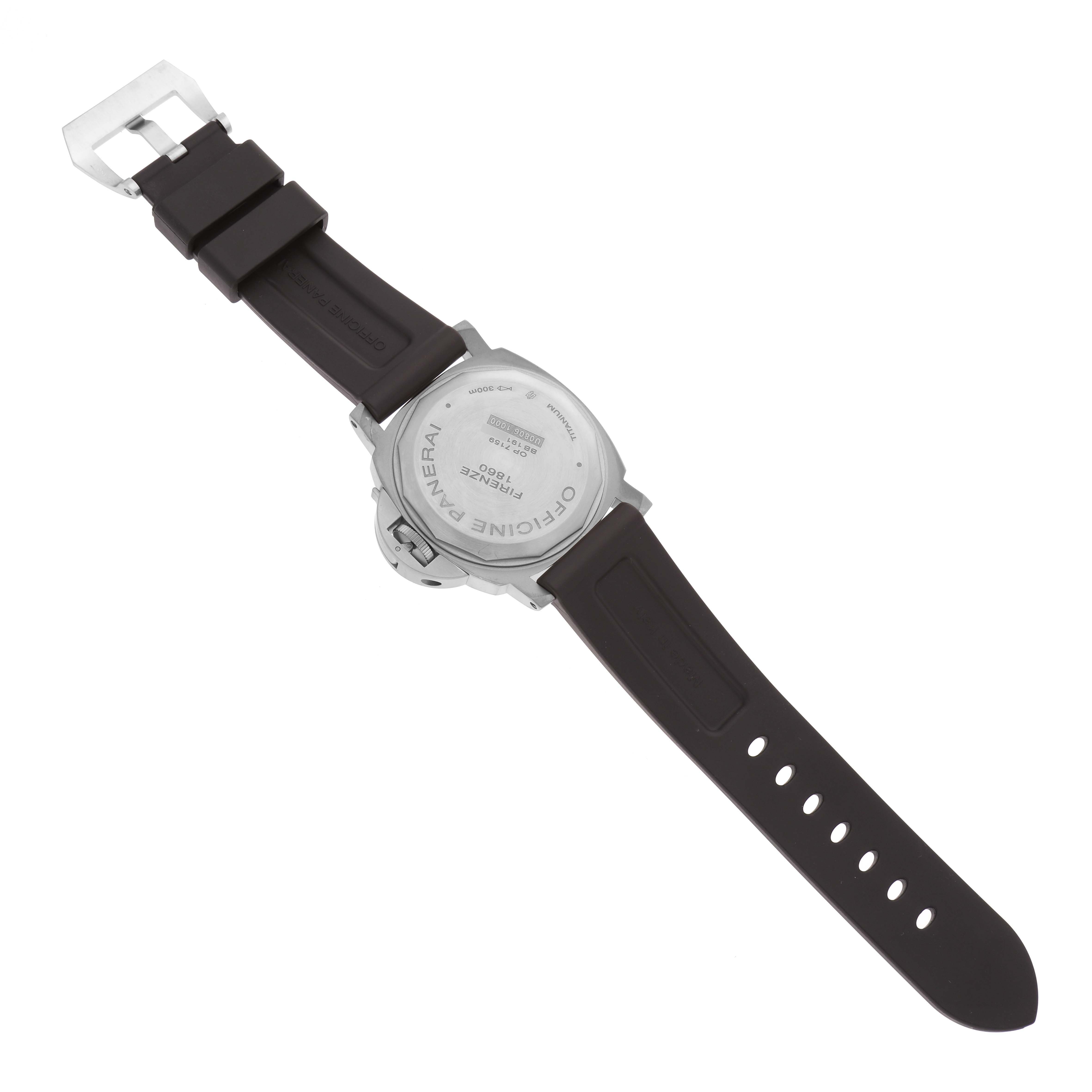 The image shows the back view of a Panerai Luminor PAM00797 Men's Titanium Brown Dial PAM00797 Men's Titanium Brown Dial watch with its strap and clasp visible.