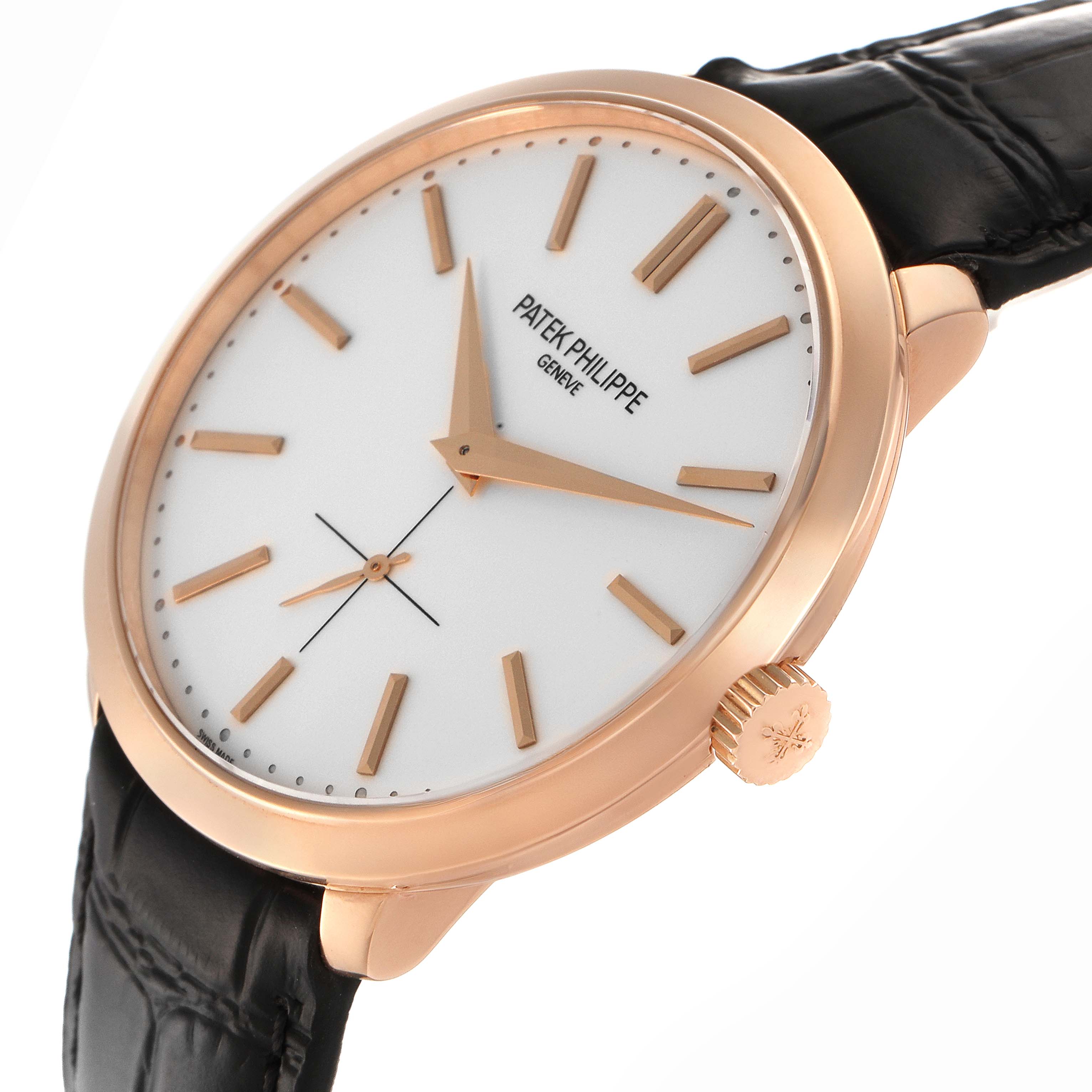 The Patek Philippe Calatrava 5123R-001 Men
s Rose Gold Silver Dial 5123R-001 Men
s Rose Gold Silver Dial watch is shown at a side angle displaying the face, crown, and strap attachment.