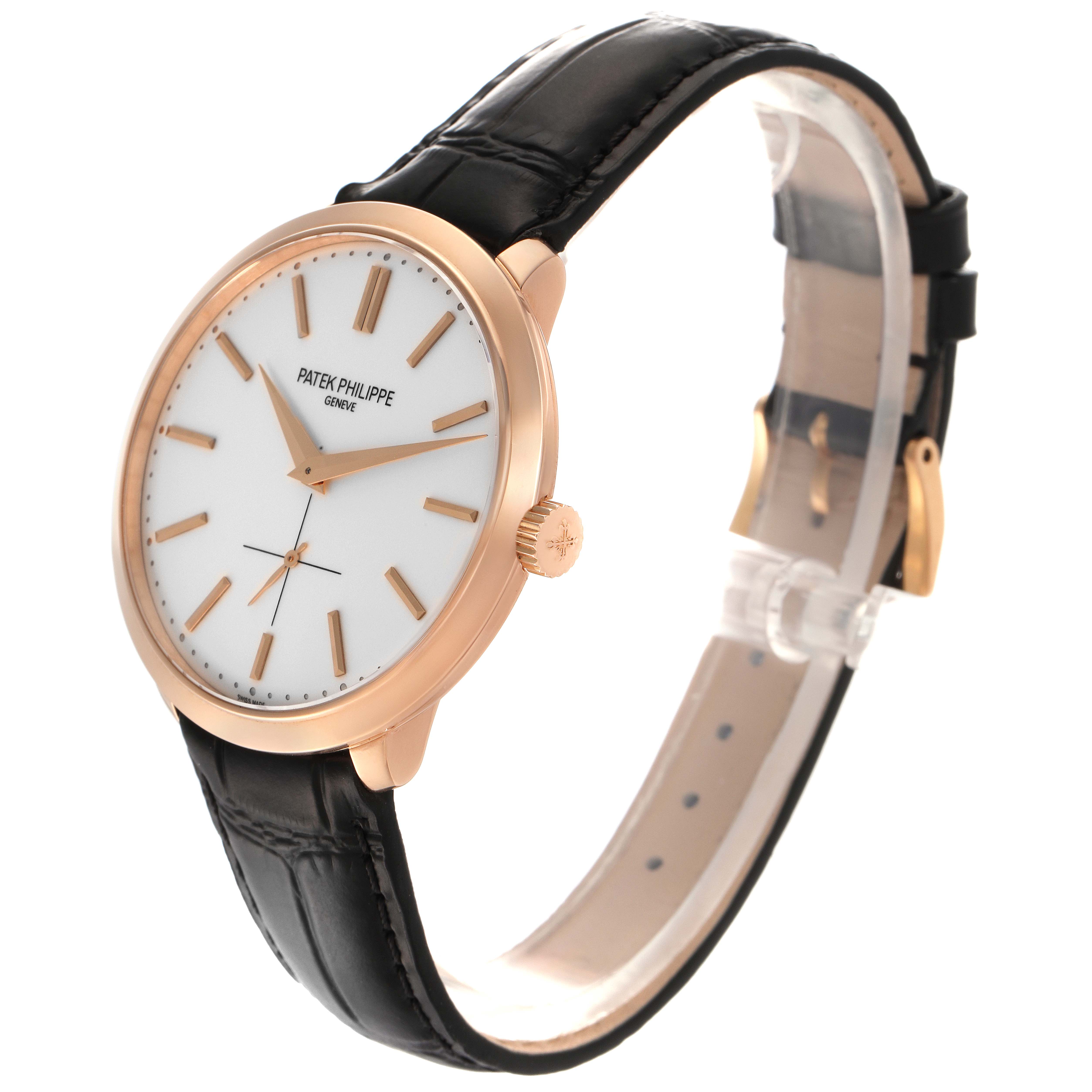 The Patek Philippe Calatrava 5123R-001 Men
s Rose Gold Silver Dial 5123R-001 Men
s Rose Gold Silver Dial watch is shown at a three-quarter angle, highlighting the dial, case, crown, and leather strap.