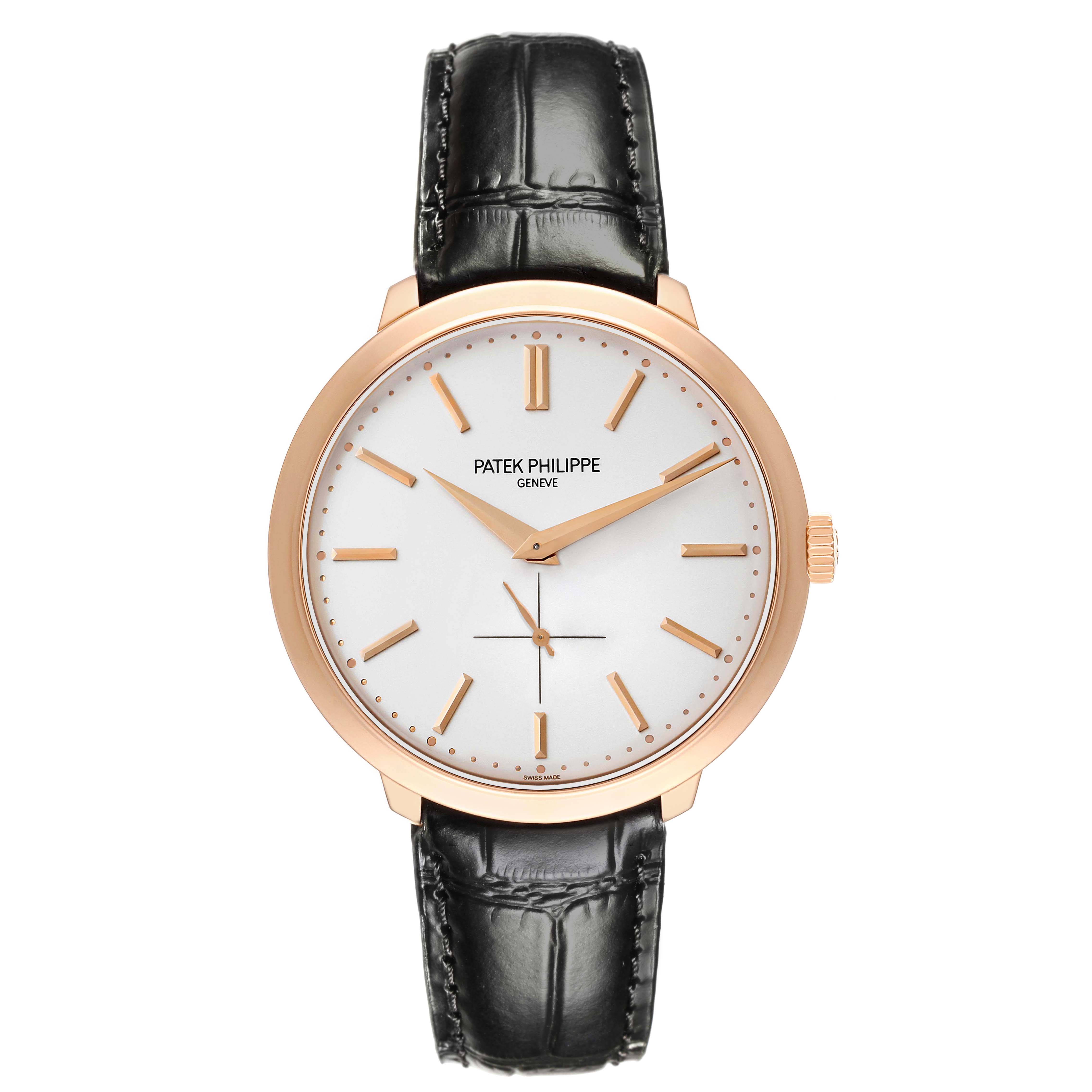 The Patek Philippe Calatrava 5123R-001 Men
s Rose Gold Silver Dial 5123R-001 Men
s Rose Gold Silver Dial watch is shown from a front angle, displaying the dial, hands, indices, case, crown, and leather strap.
