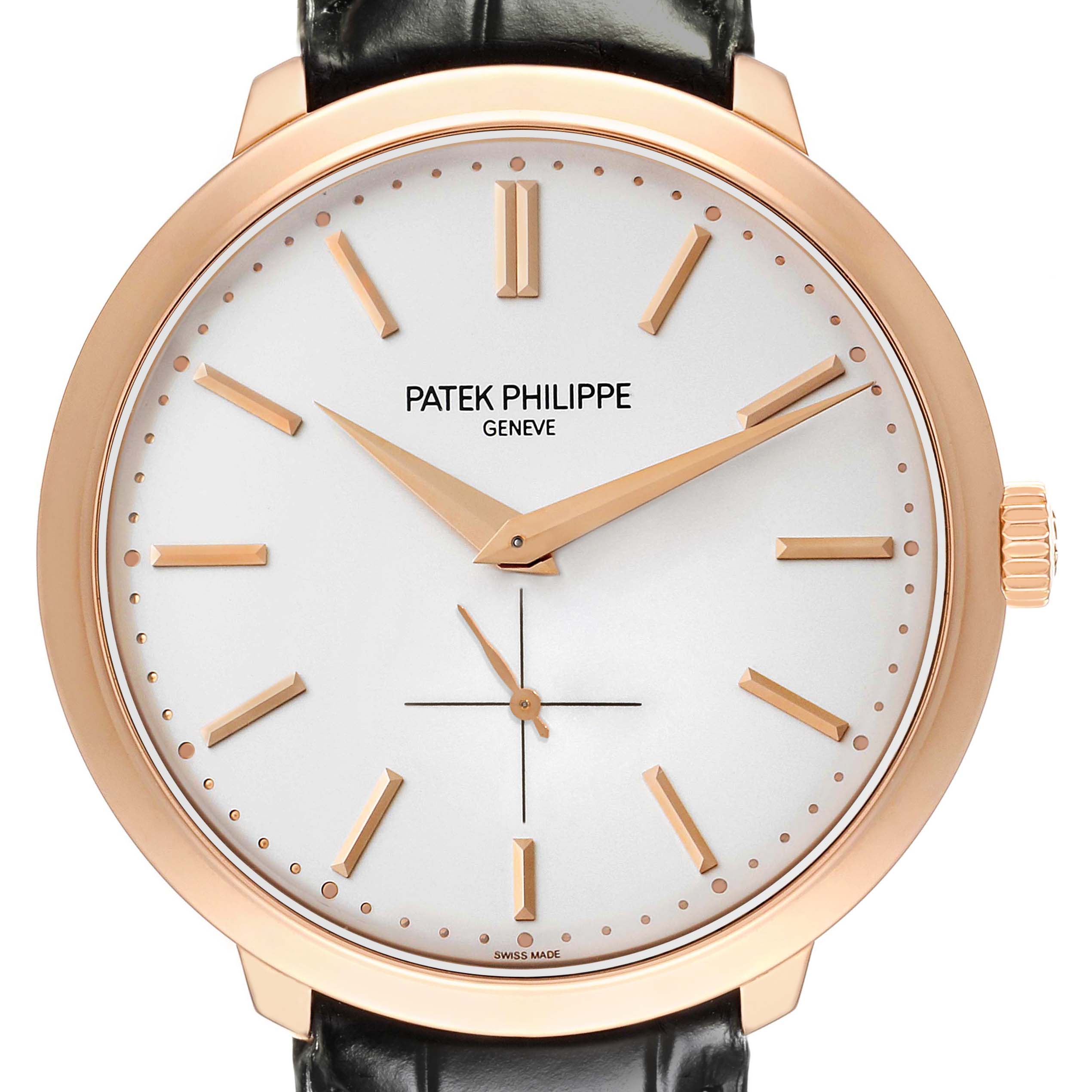 The Patek Philippe Calatrava 5123R-001 Men
s Rose Gold Silver Dial 5123R-001 Men
s Rose Gold Silver Dial watch is shown from a front view, highlighting the dial, hands, and leather strap.