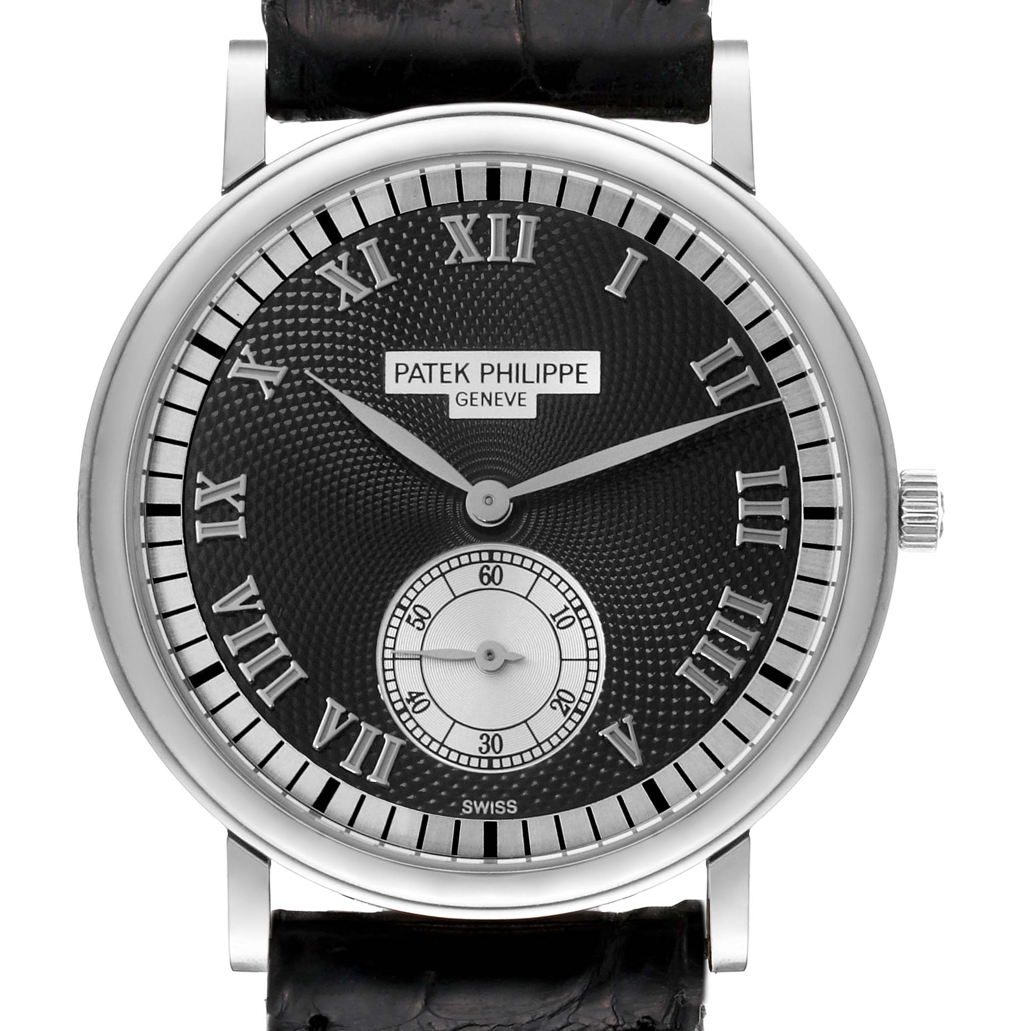 This image shows a front view of the Patek Philippe Calatrava 5022G Men's White Gold Black Dial 5022G Men's White Gold Black Dial watch, highlighting its dial, hands, Roman numerals, and leather strap.