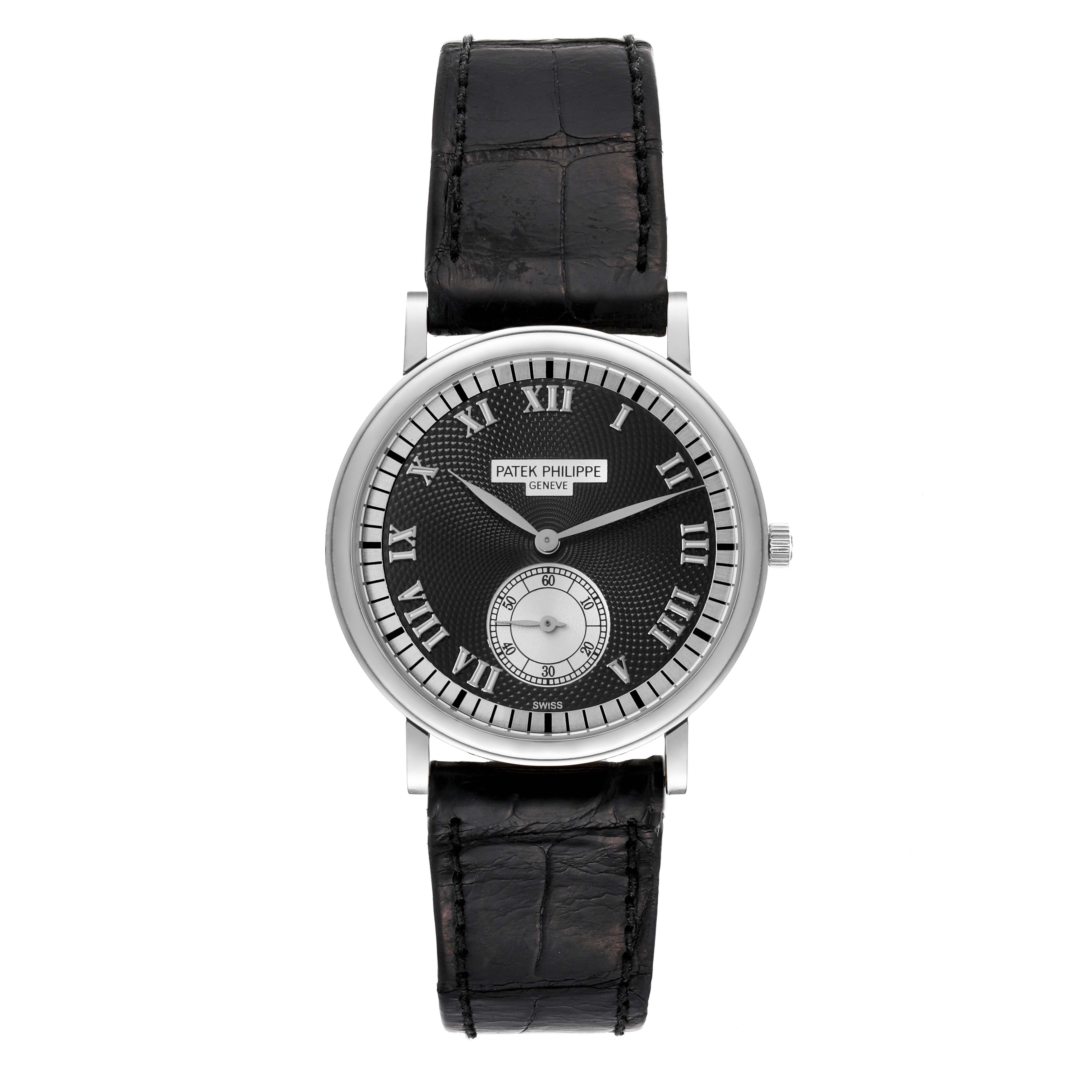 The image shows a front view of a Patek Philippe Calatrava 5022G Men's White Gold Black Dial 5022G Men's White Gold Black Dial watch with a black leather strap and a black dial.