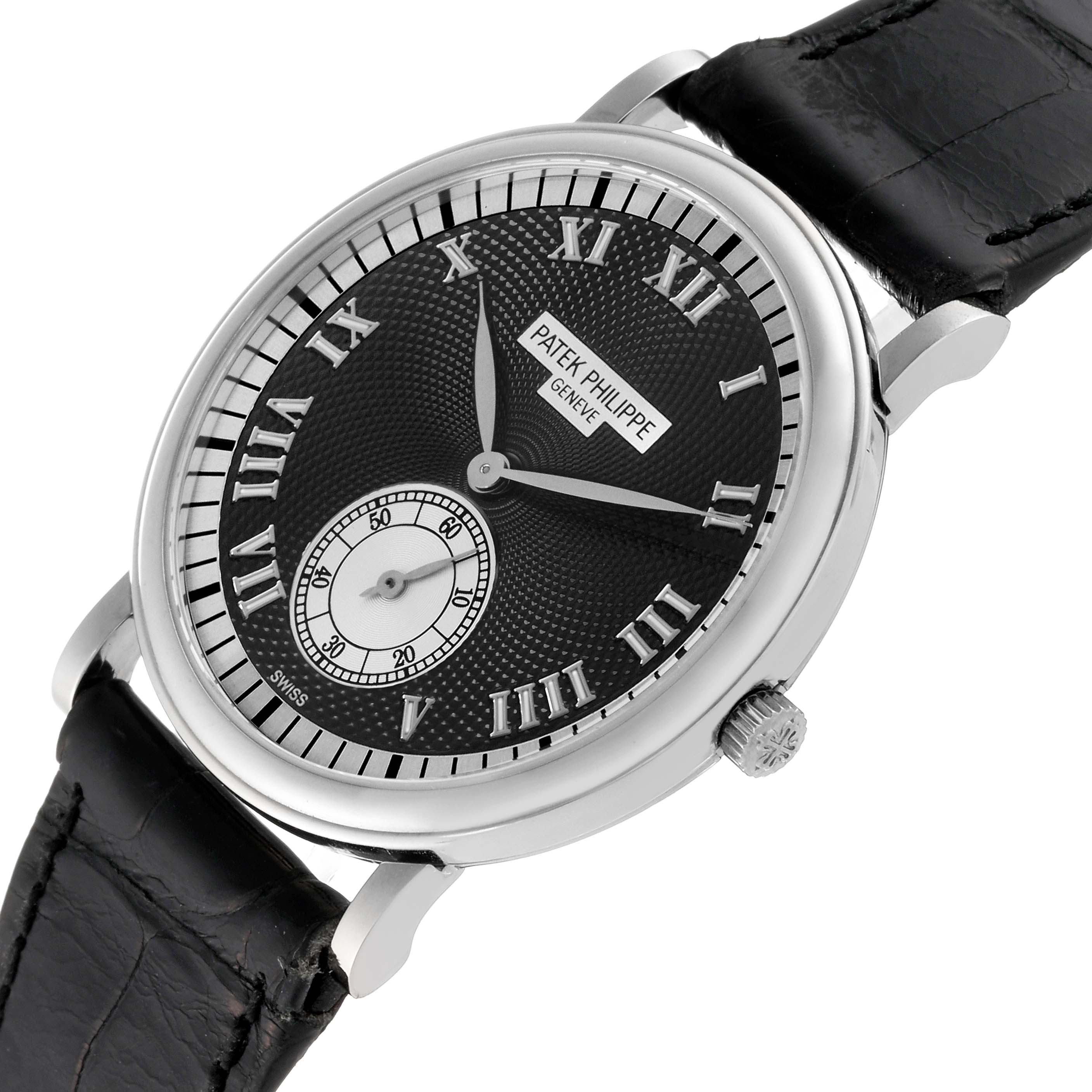 The image shows a Patek Philippe Calatrava 5022G Men's White Gold Black Dial 5022G Men's White Gold Black Dial watch at a slight angle, displaying the face, crown, and part of the leather strap.