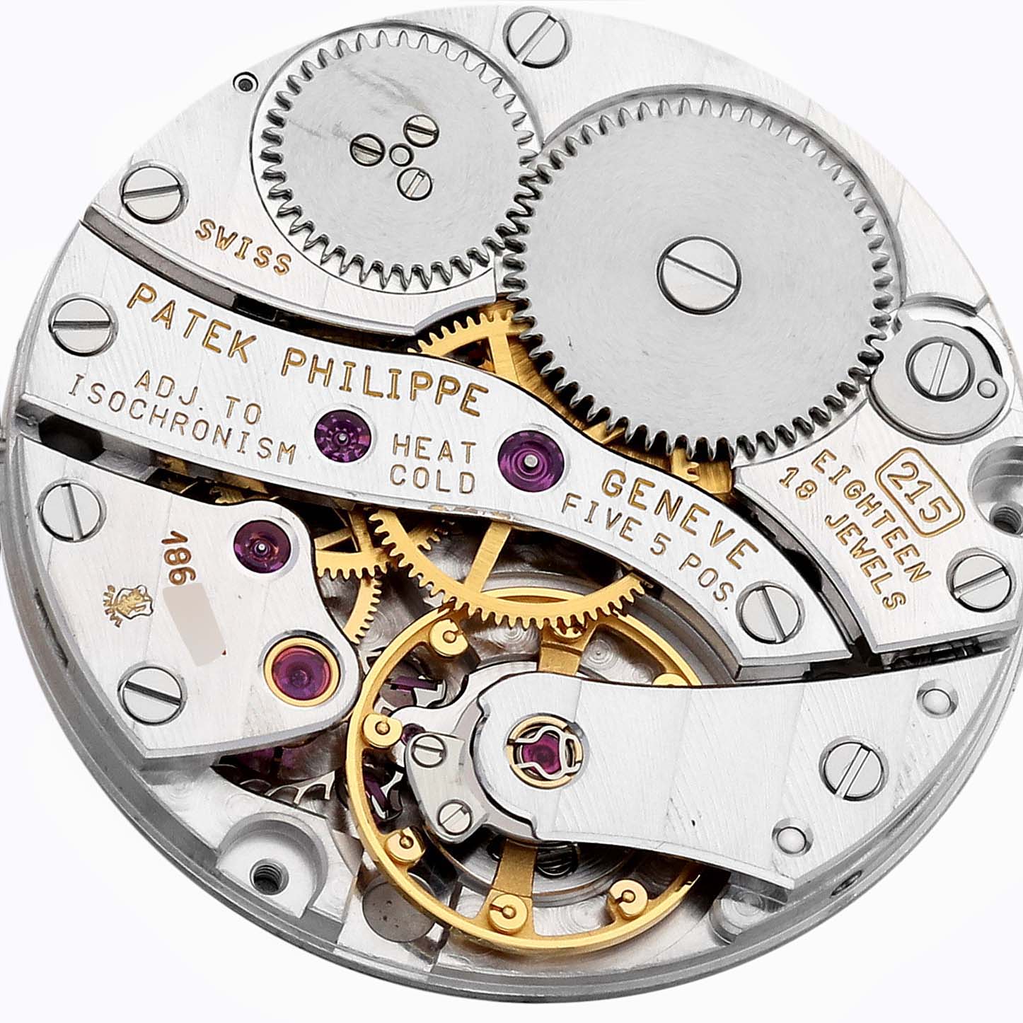 This image shows the movement and inner mechanical parts of a Patek Philippe Calatrava 5022G Men's White Gold Black Dial 5022G Men's White Gold Black Dial watch, viewed from the back.