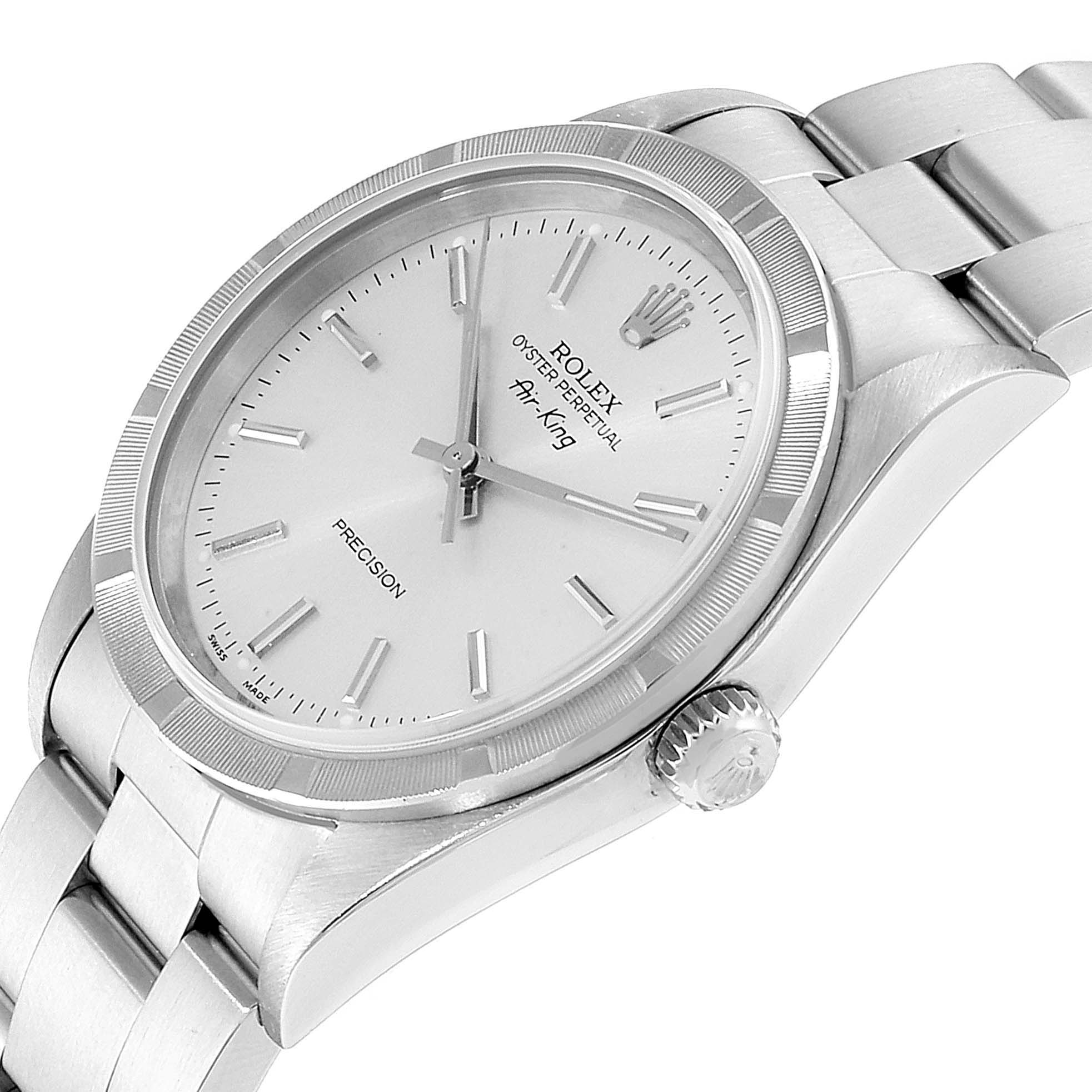 The Rolex Air-King 14010 Men's Stainless Steel Silver Dial 14010 Men's Stainless Steel Silver Dial watch is shown at a slight angle, displaying the face, crown, and part of the bracelet.
