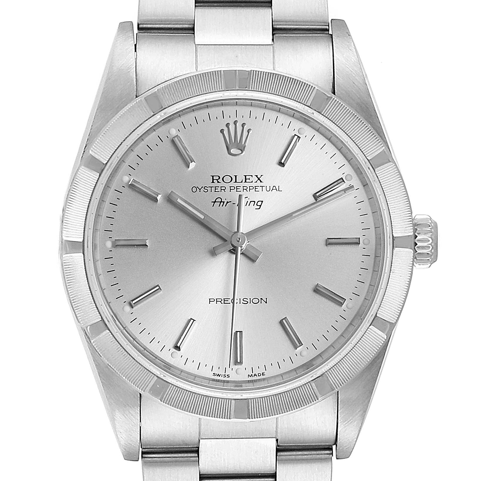 The image shows a front view of a Rolex Air-King 14010 Men's Stainless Steel Silver Dial 14010 Men's Stainless Steel Silver Dial watch, highlighting its dial, bezel, and part of the bracelet.